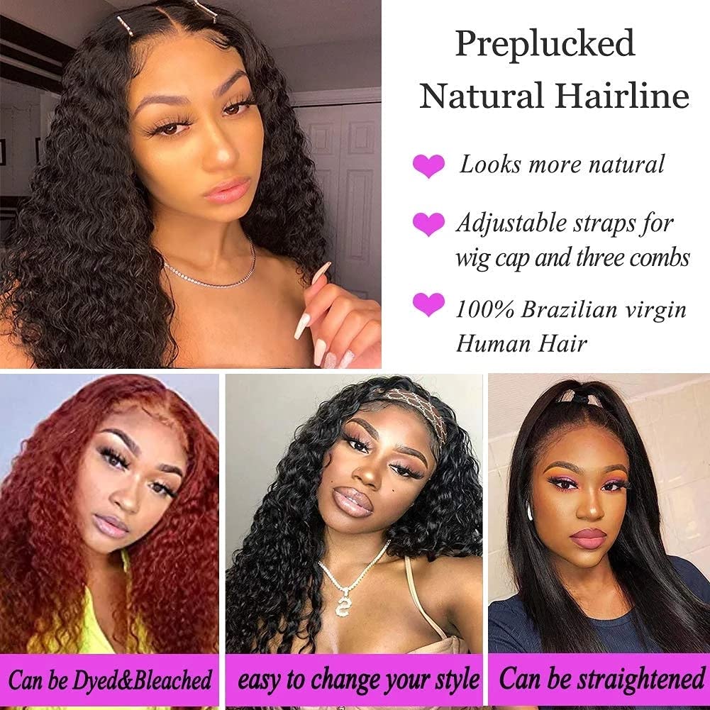 13x4 Lace Front Human Hair Wig - Brazilian Virgin Deep Wave 18 Inch Pre-Plucked Glueless Lace Wig for Black Women | 180% Density Natural Hairline | Perfect for Daily Wear, Parties & Special Occasions