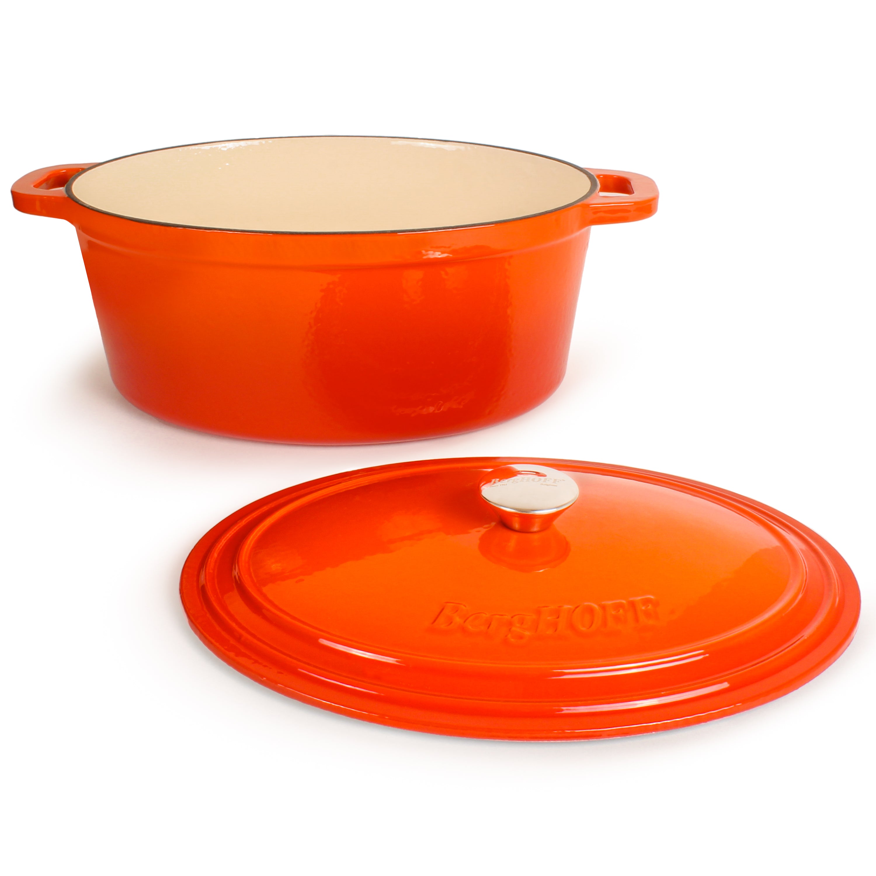 BergHOFF Neo 4-Piece Cast Iron Cookware Set - Grill Pan, Fry Pan & Oval Dutch Oven, Orange | Premium Kitchen Cookware for Grilling, Frying & Braising | Ideal for Stovetop, Oven & Outdoor Cooking