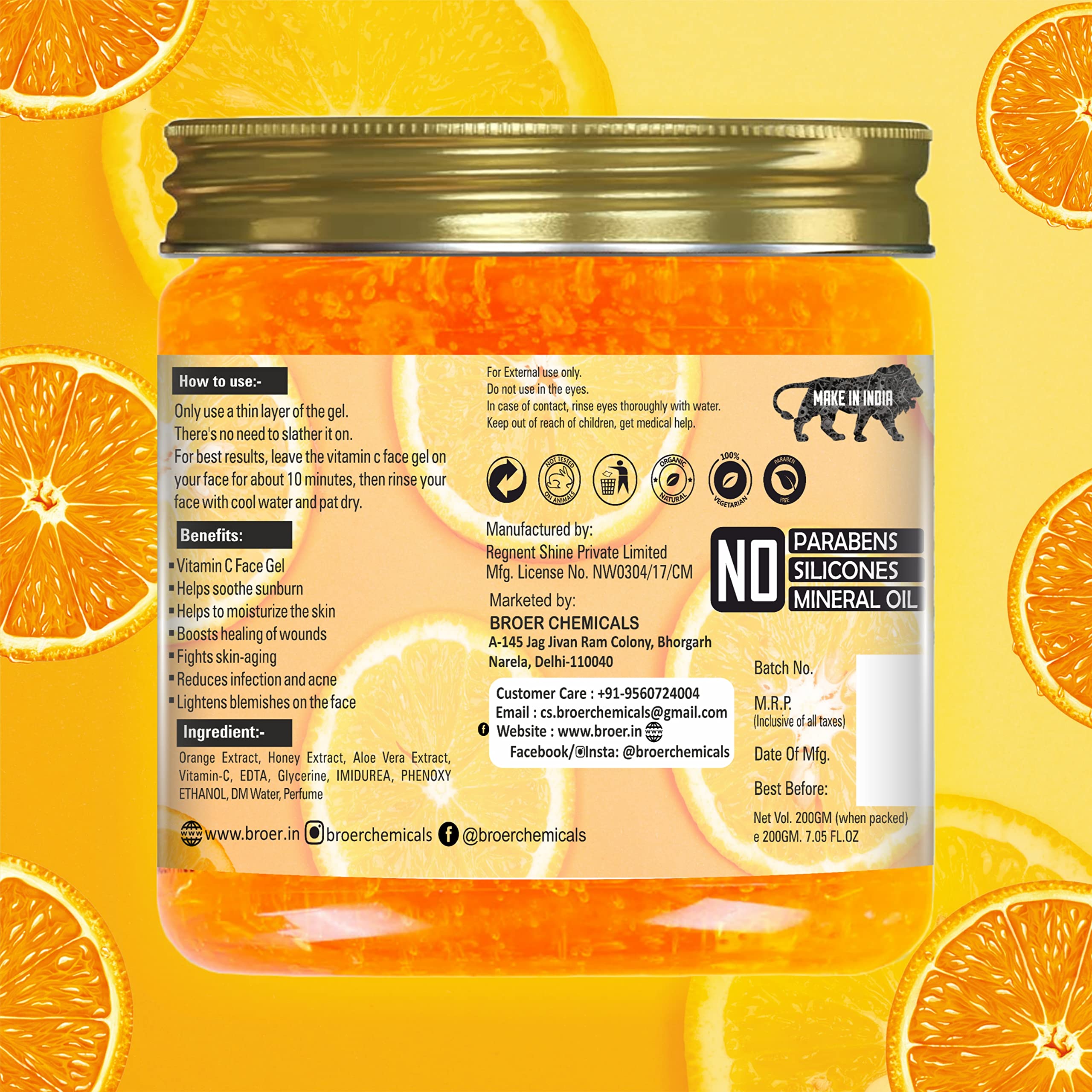 BROER Vitamin C Facial Gel with Aloe Vera & Orange Extract 200g - Hydrating & Brightening for Dry, Dull & Aging Skin - Lightweight & Fast Absorbing - Paraben & Silicone Free - Perfect for Morning Skincare Routine & Under Makeup