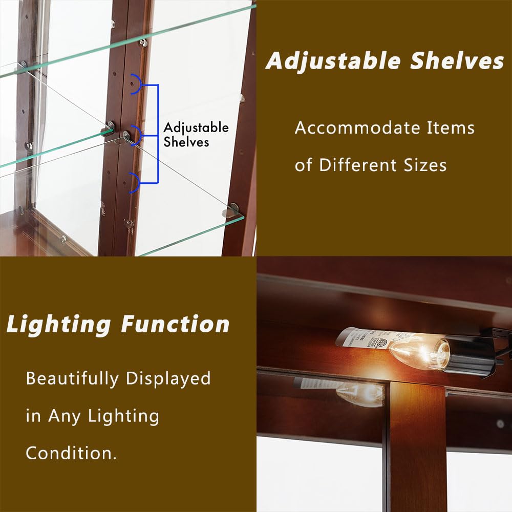 Anwick Walnut China Cabinet & Curio Cabinet with Glass Doors - Lighted Display Cabinet with Mirrored Back Panel, Tempered Glass & 3 Adjustable Shelves - Perfect for Dining Room, Living Room or Office Display (Walnut Finish)