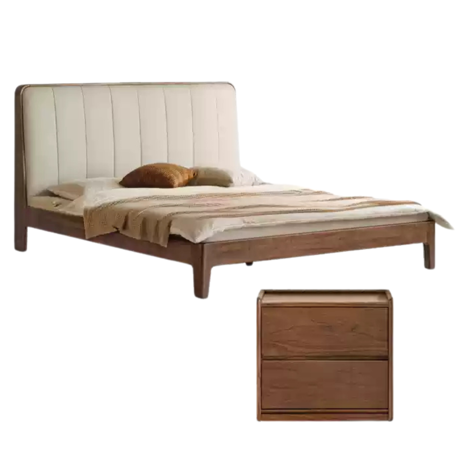 Premium Black Walnut Solid Wood Bed with Genuine Leather Upholstery - USB Charging Ports Included - Perfect for Master Bedrooms & Guest Rooms