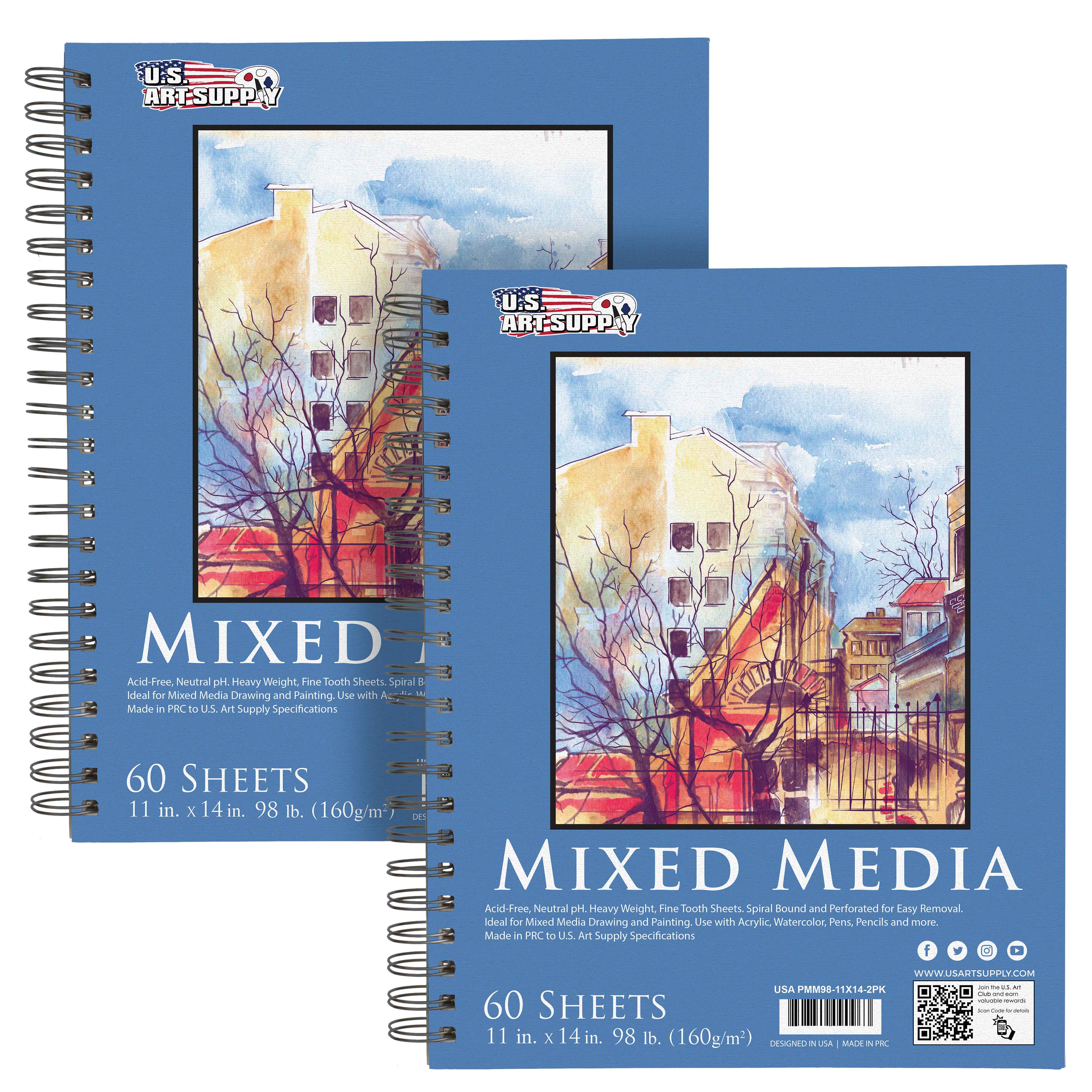 Premium 11x14 Mixed Media Sketchbook - 2 Pack (60 Sheets, 98 lb/160 gsm) | Spiral Bound Acid-Free Paper for Drawing, Painting & Watercolor | Perfect for Artists, Students & Professionals - Home Studio & Outdoor Sketching