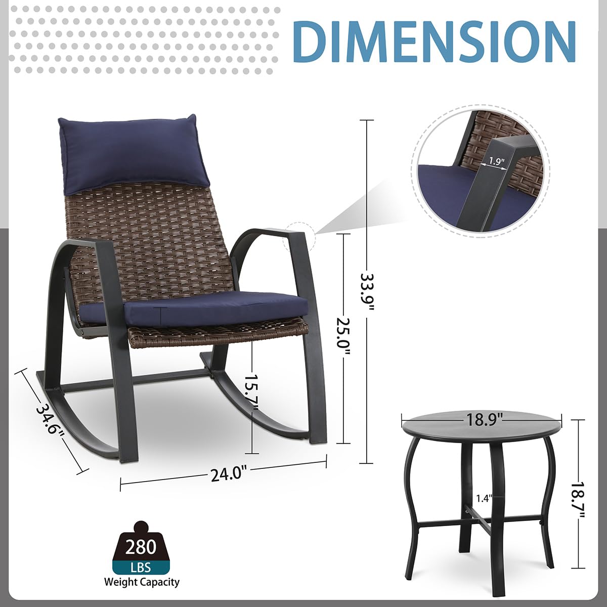 3-Piece Wicker Rocking Bistro Set with Coffee Table - Outdoor Patio Furniture for Porch, Balcony, Garden & Backyard - Blue Conversation Seating for Relaxing & Entertaining Guests