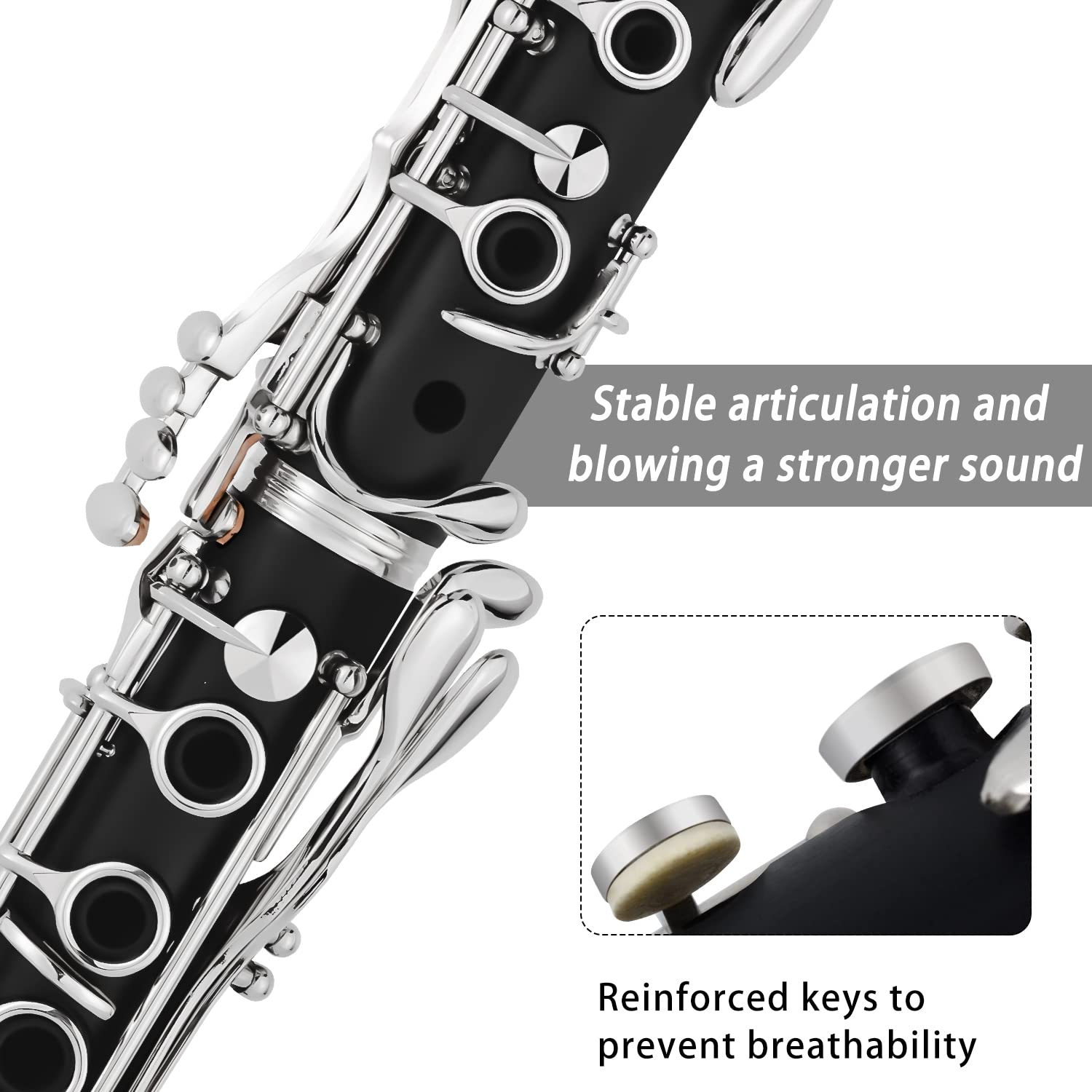 **Bb Clarinet for Beginners - 17 Key B Flat Student Clarinet with Case, Stand, Strap, 2 Barrels, 8 Mouthpiece Cushions, White Gloves & Cleaning Kit (Black) - Perfect for School Bands, Practice & Performances**