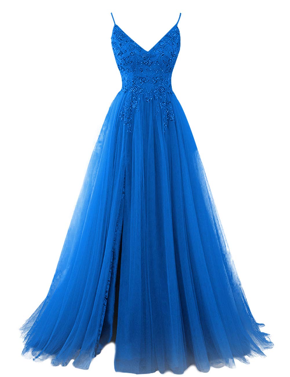 Elegant Long Beaded Tulle Prom Dress with V-Neck - Formal Evening Gown for Homecoming, Wedding & Special Occasions