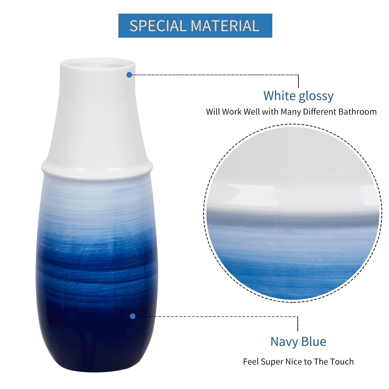 2-Piece Ceramic Vase Set & 4-Piece Bathroom Accessories - Rustic Farmhouse Decor for Bathroom, Living Room, Bedroom - Blue Home Décor for Modern & Traditional Interiors