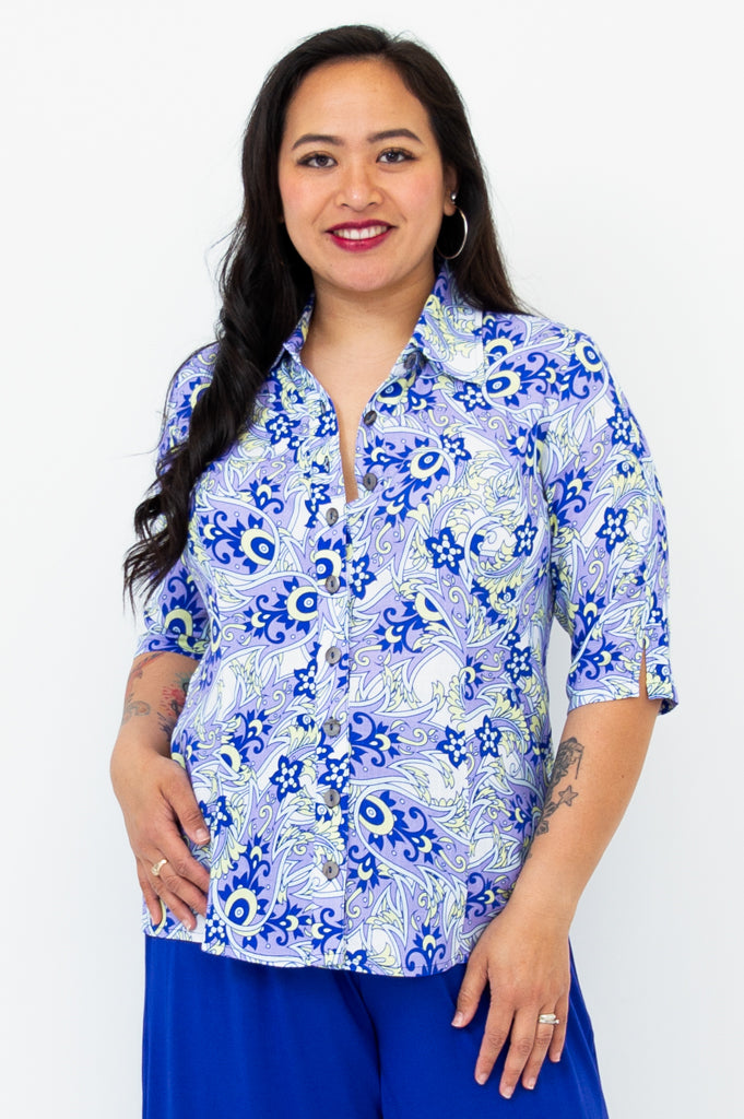 Lorine Blouse for Women - Elegant Dazzle Print Linen Bamboo Blend Top for Casual Wear & Summer Outfits