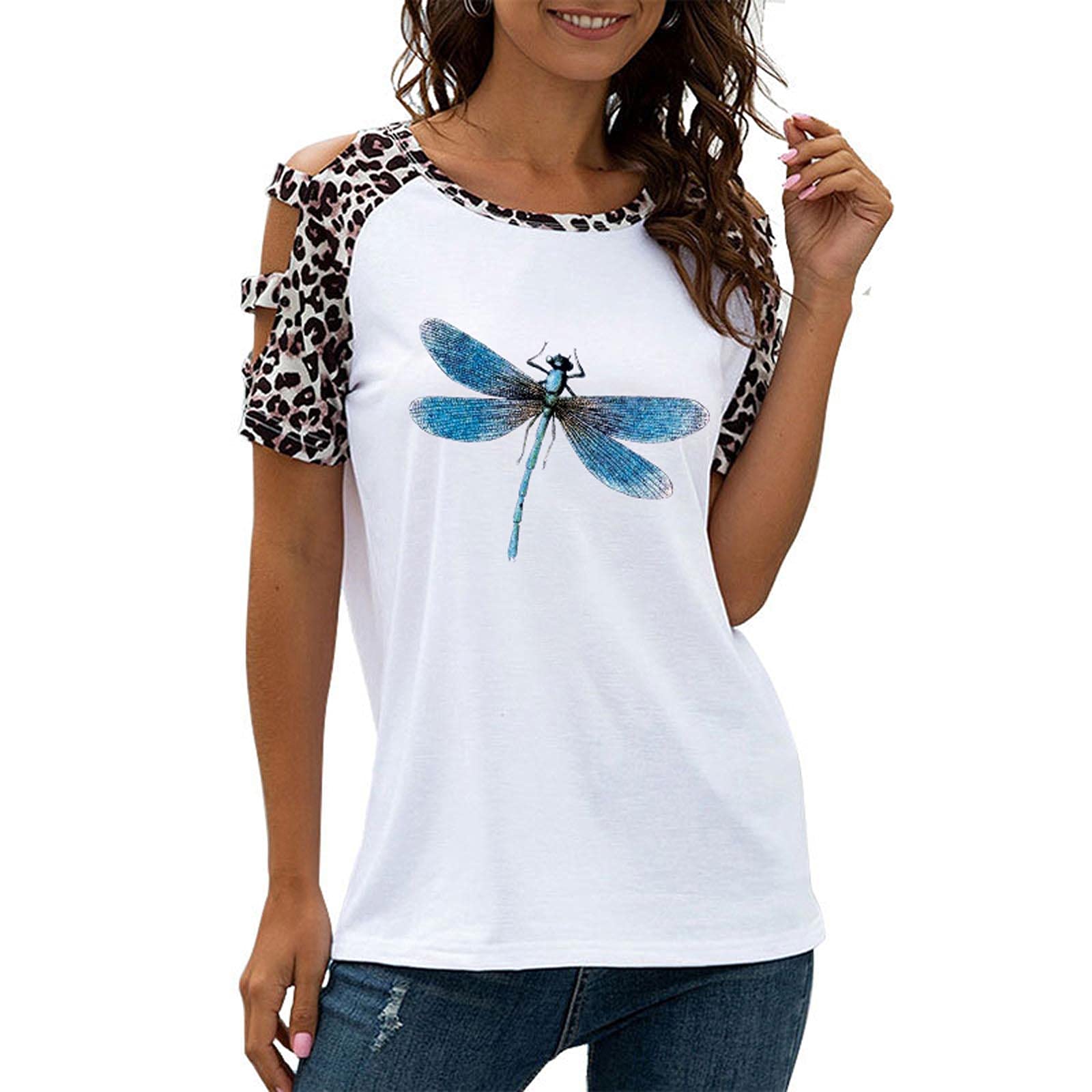Women's Cold Shoulder Strappy Tunic Top - Casual Leopard Print Summer Short Sleeve Loose T-Shirt | Perfect for Beach Outings, Date Nights & Summer Vacations