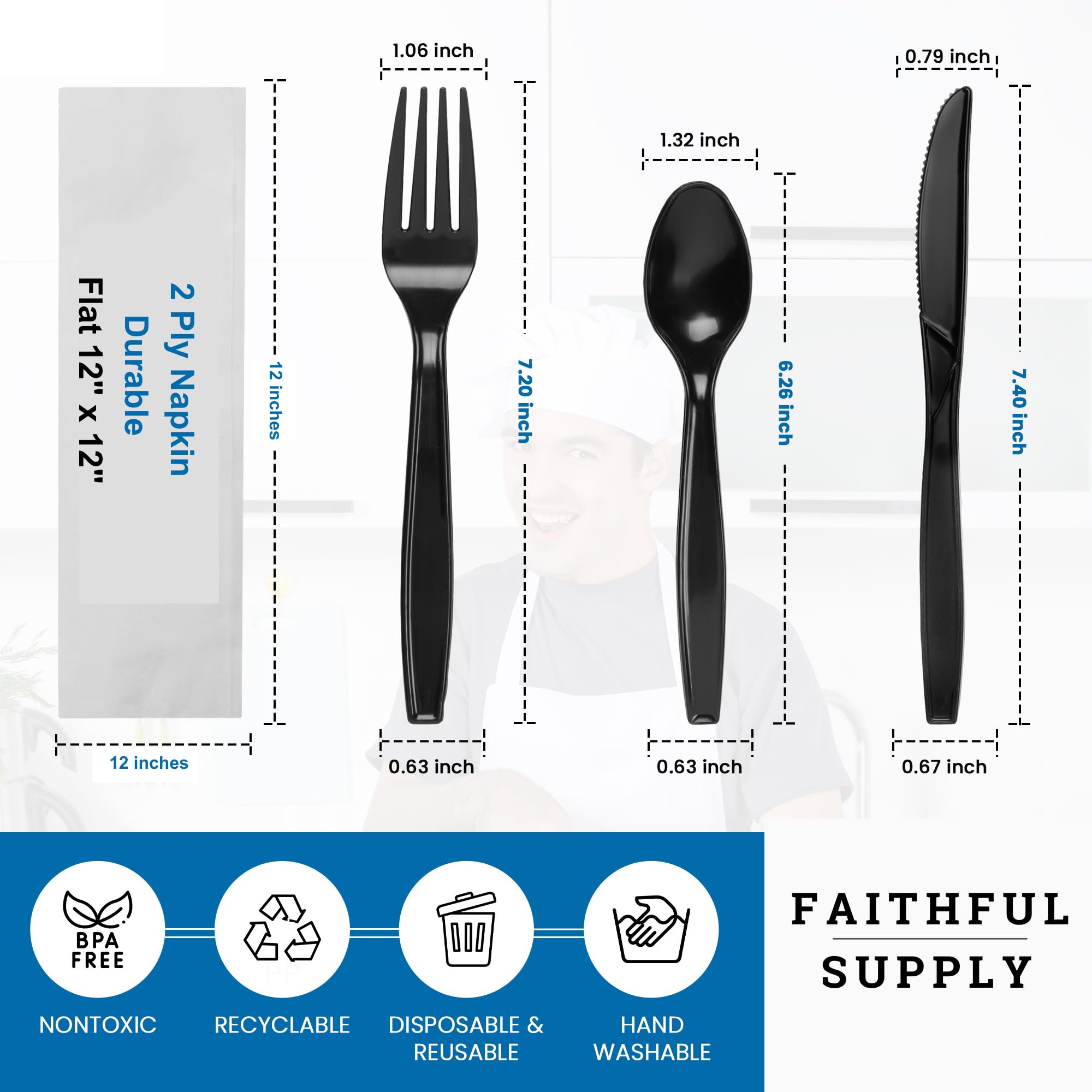 200-Piece Black Pre-Wrapped Disposable Cutlery Set with Napkins - Elegant Plastic Silverware for Parties, Weddings & Catering - Perfect for Events, Picnics & Office Lunches