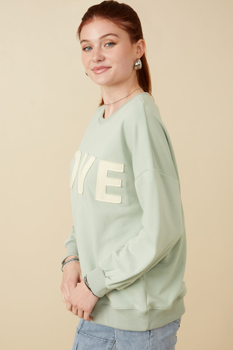 Women's Love Patched French Terry Sweatshirt - Cozy Pullover with Embroidered Heart Design for Casual Wear & Loungewear