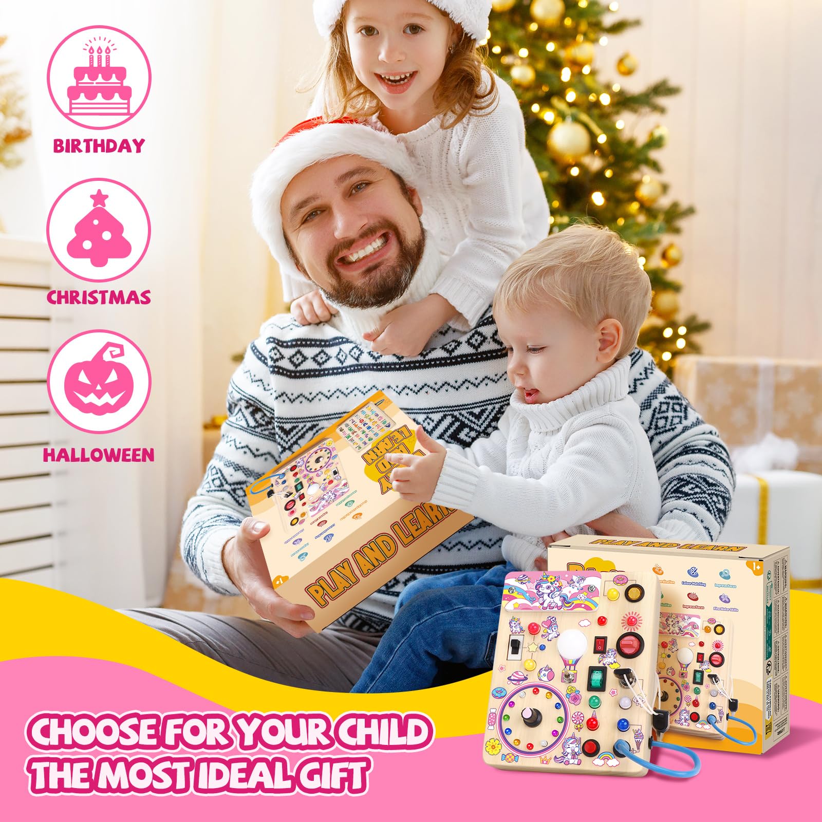 Unicorn Busy Board Plus V2 - Montessori Wooden Sensory Toy for Toddlers Age 1-3 | Travel Learning Activity Board | Perfect Gift for 1+ Year Old Girls & Boys | Ideal for Airplane, Car Rides & Quiet Playtime