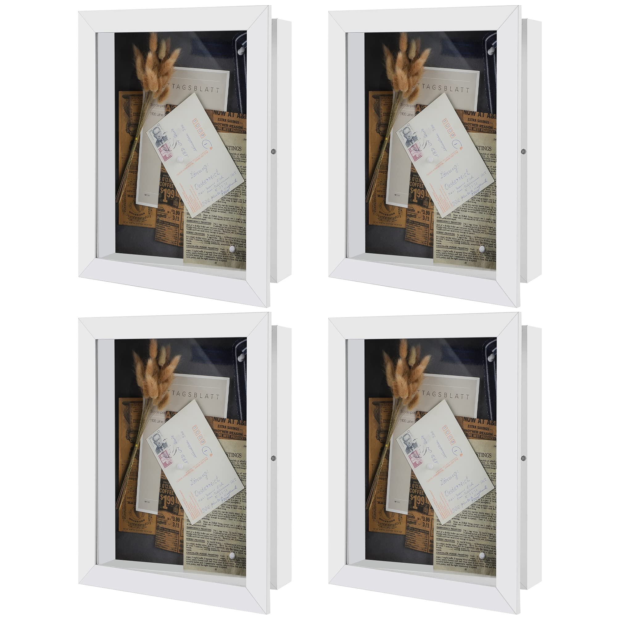 AUEAR 11x14 Shadow Box Frame - Premium Display Case for Art, Memorabilia, Medals, Wedding Keepsakes, Tickets & Photos (Set of 4, White) - Perfect for Home Decor, Office Display & Gift Giving