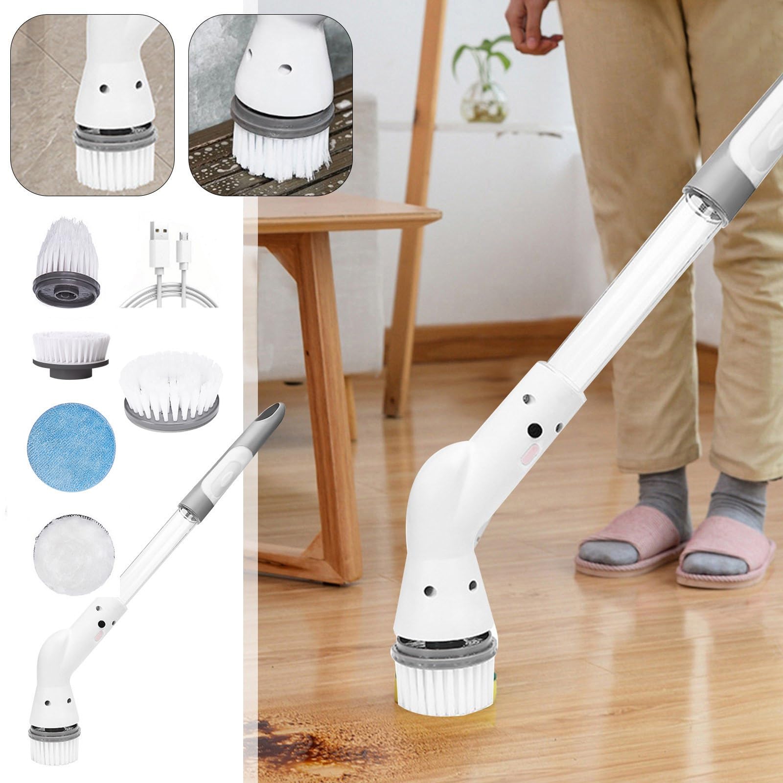 Cordless Electric Spin Scrubber with 4 Replaceable Brush Heads & Adjustable Handle - Powerful Cleaning for Bathroom Tiles, Floors, Showers & Kitchen - Ideal for Deep Cleaning Grout, Sinks & Hard-to-Reach Areas