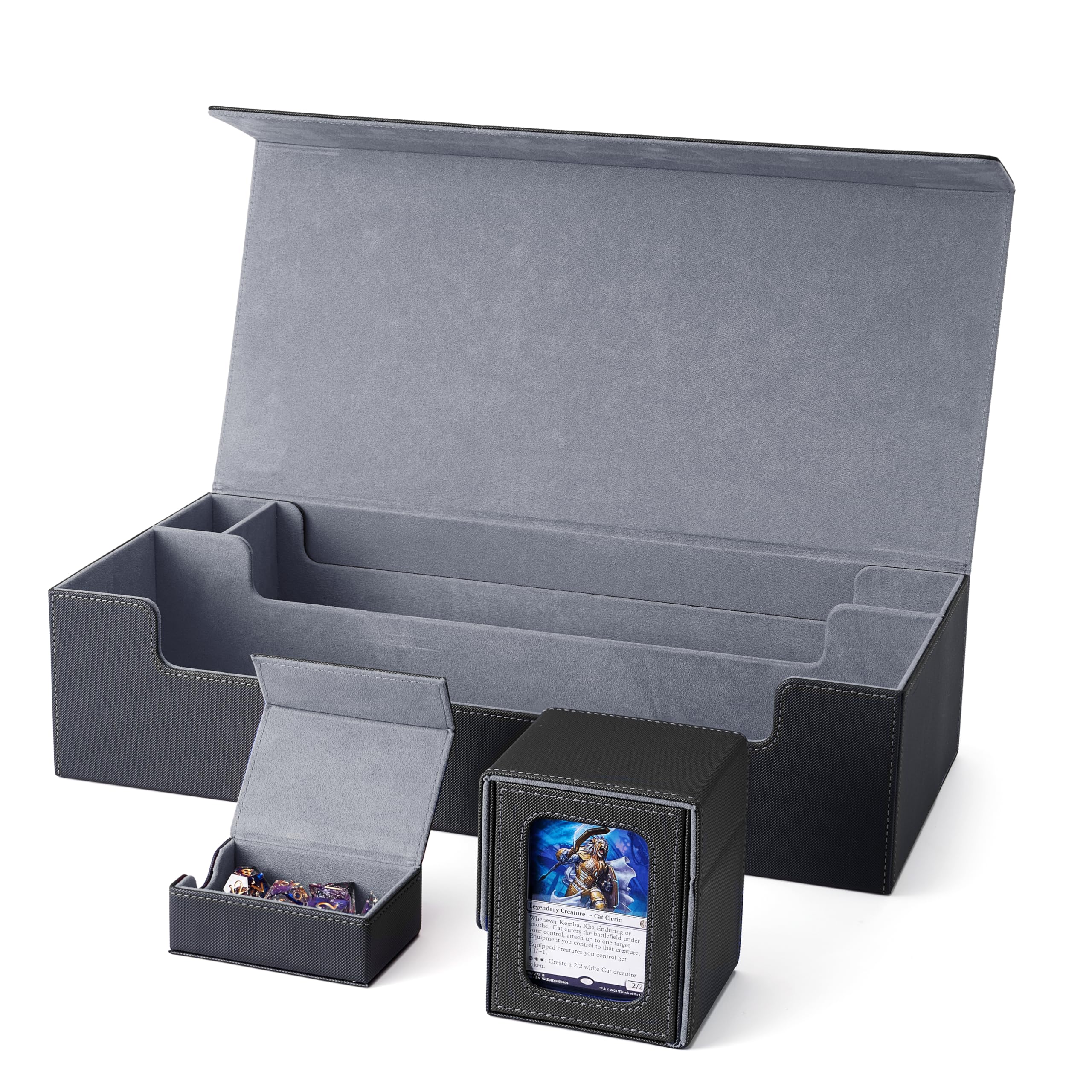 Premium MTG Deck Box Set - Holds 5 Display Card Decks with Playmat & Dice Storage | Includes 10 Colorful Dividers + Card Supporter | Ultimate Trading Card Organizer for Magic: The Gathering (Black/Grey) | Perfect for Game Nights, Tournaments & Card Collection Storage