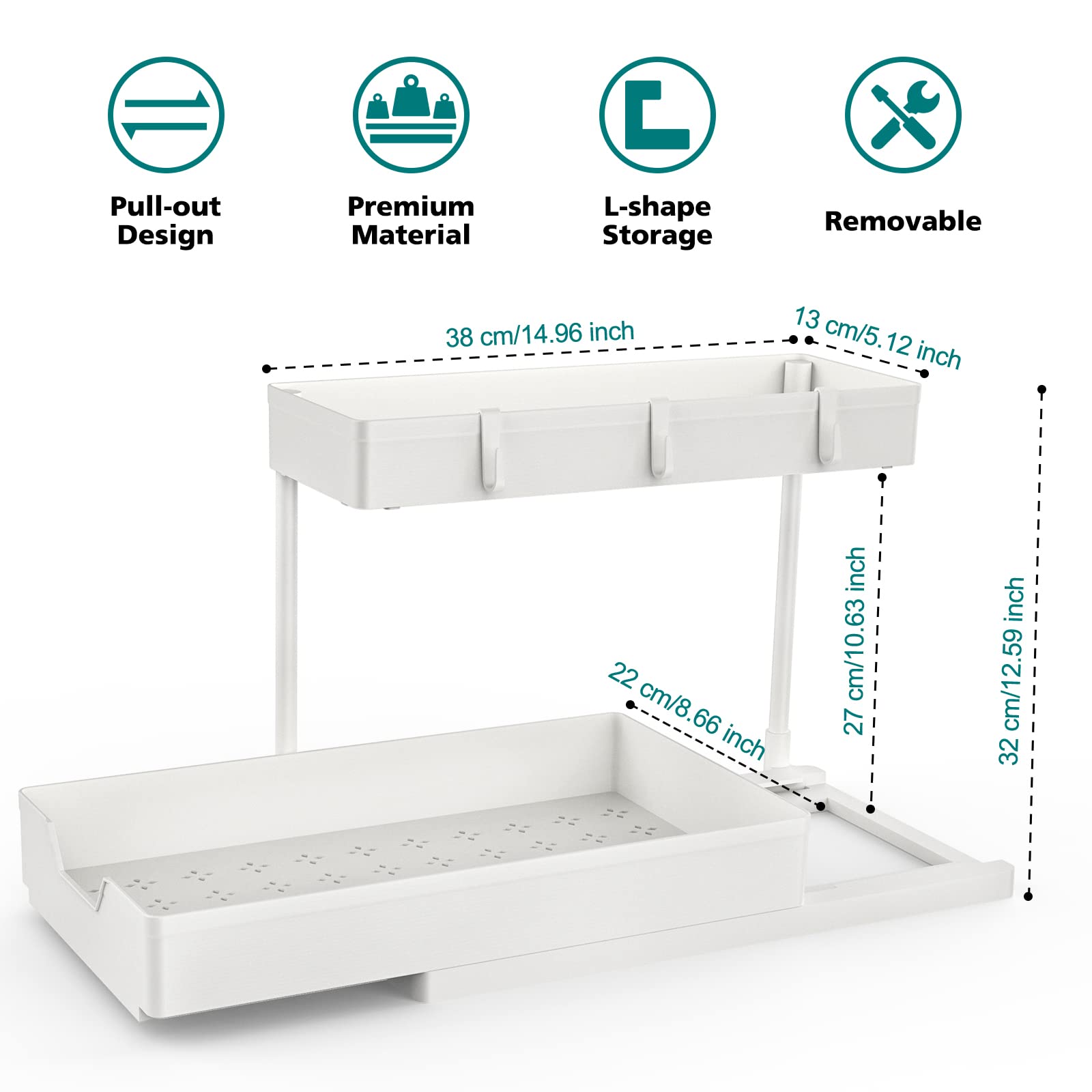 2-Tier Under Sink Organizer Set - 2 Pack Sliding L-Shaped Cabinet Storage for Kitchen & Bathroom - Space Saving Drawer Organizer for Narrow Spaces (White) - Perfect for Small Apartments & Cluttered Cabinets