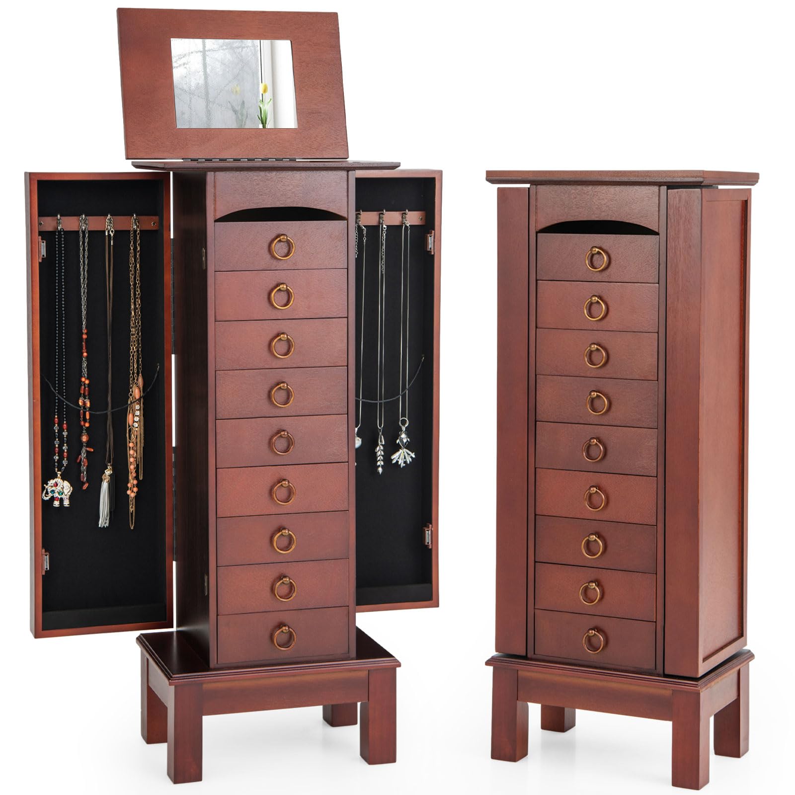 Giantex Large Jewelry Cabinet Armoire with 9 Drawers & 2 Doors - Standing Jewelry Organizer with Mirror, Necklace Hooks & Storage Compartments - Perfect for Bedroom, Closet & Dressing Room Organization