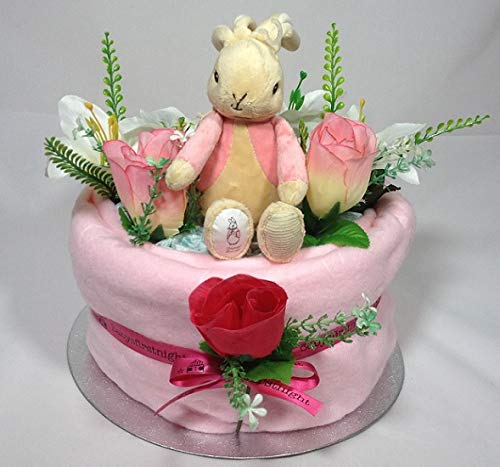 1 Tier Peter Rabbit Flopsy Bunny Nappy Cake Hamper - Baby Shower Gift for Girls, Newborn Baby Gift Basket with Diapers & Essentials | Perfect for Baby Showers, Christenings & Welcome Home Celebrations