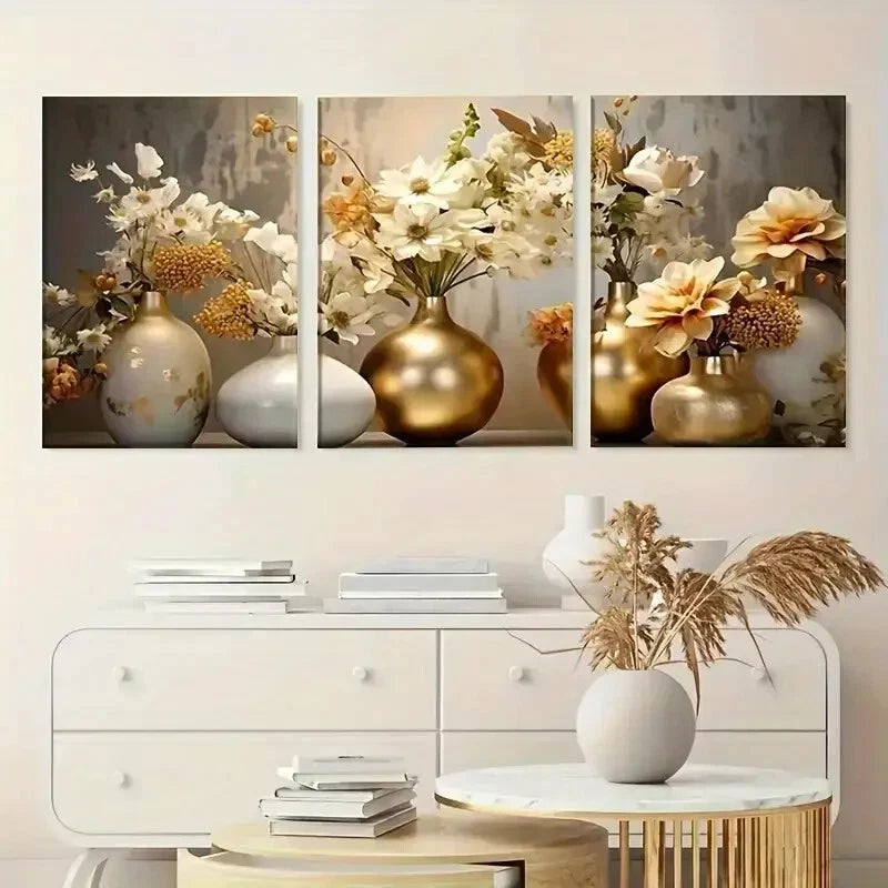 3-Piece Golden and White Flowers Metal Wall Art - Ready to Hang Canvas Painting for Living Room, Bedroom & Office Decor