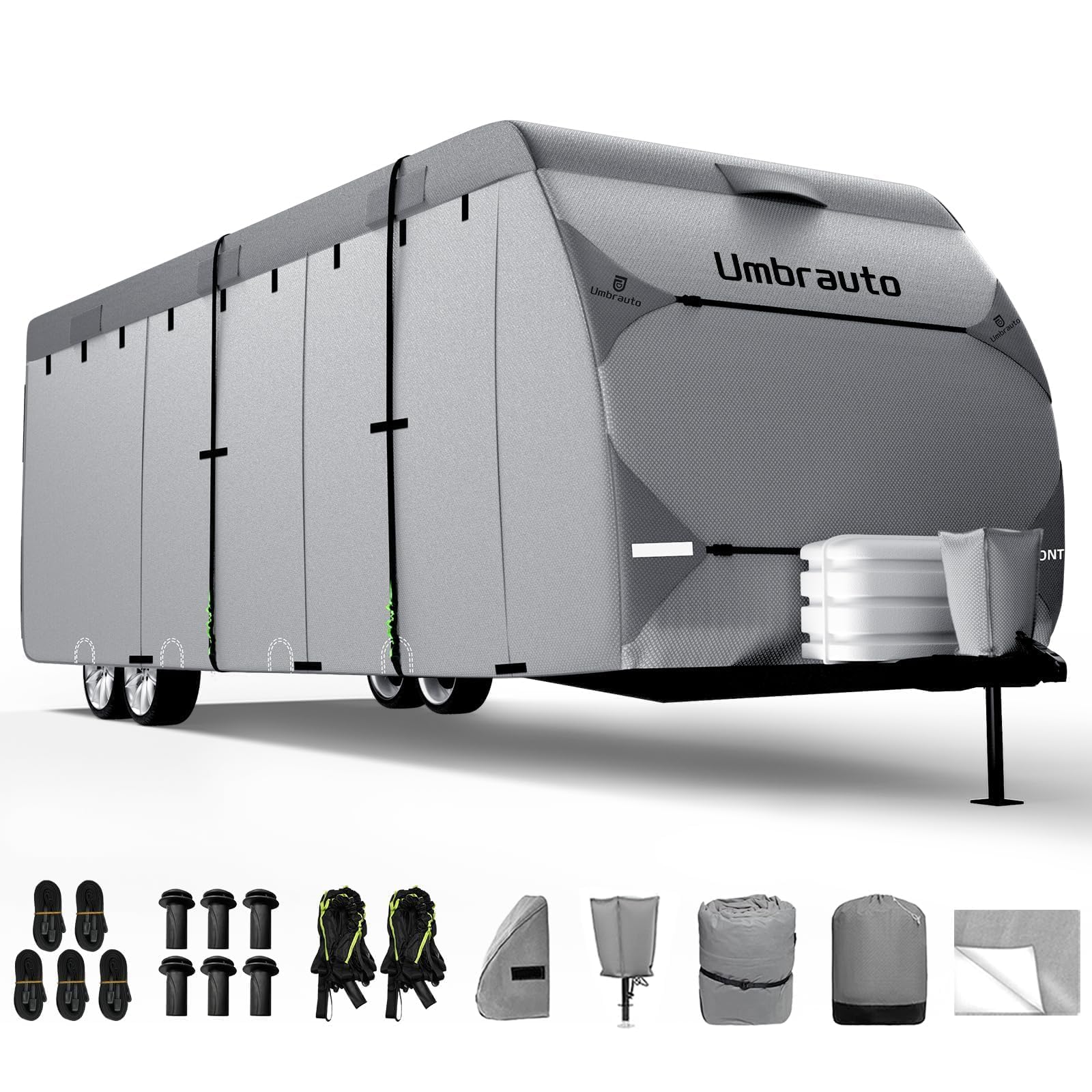 Umbrauto RV Cover 14-16ft - 7 Layer Waterproof Travel Trailer Cover for Campers & Toy Haulers | Includes Tongue Jack Cover, Windproof Ropes & Gutter Covers | Perfect for Outdoor Storage & Winter Protection