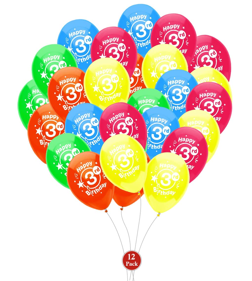 PMU Happy 3rd Birthday Balloons - 12 Inch Latex Balloons (Assorted Colors, Pack of 12) - Perfect for Birthday Parties, Baby Showers & Celebrations