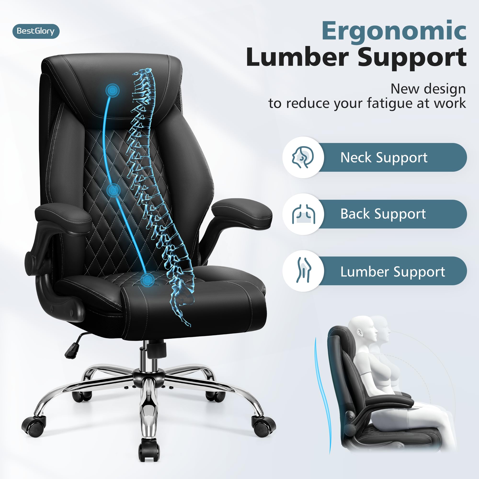 Ergonomic High Back Office Chair with Lumbar Support - Big & Tall Breathable Leather Desk Chair for Home & Office - Adjustable Flip-Up Armrests & Rocking Function - Perfect for Long Work Hours, Gaming & Computer Use