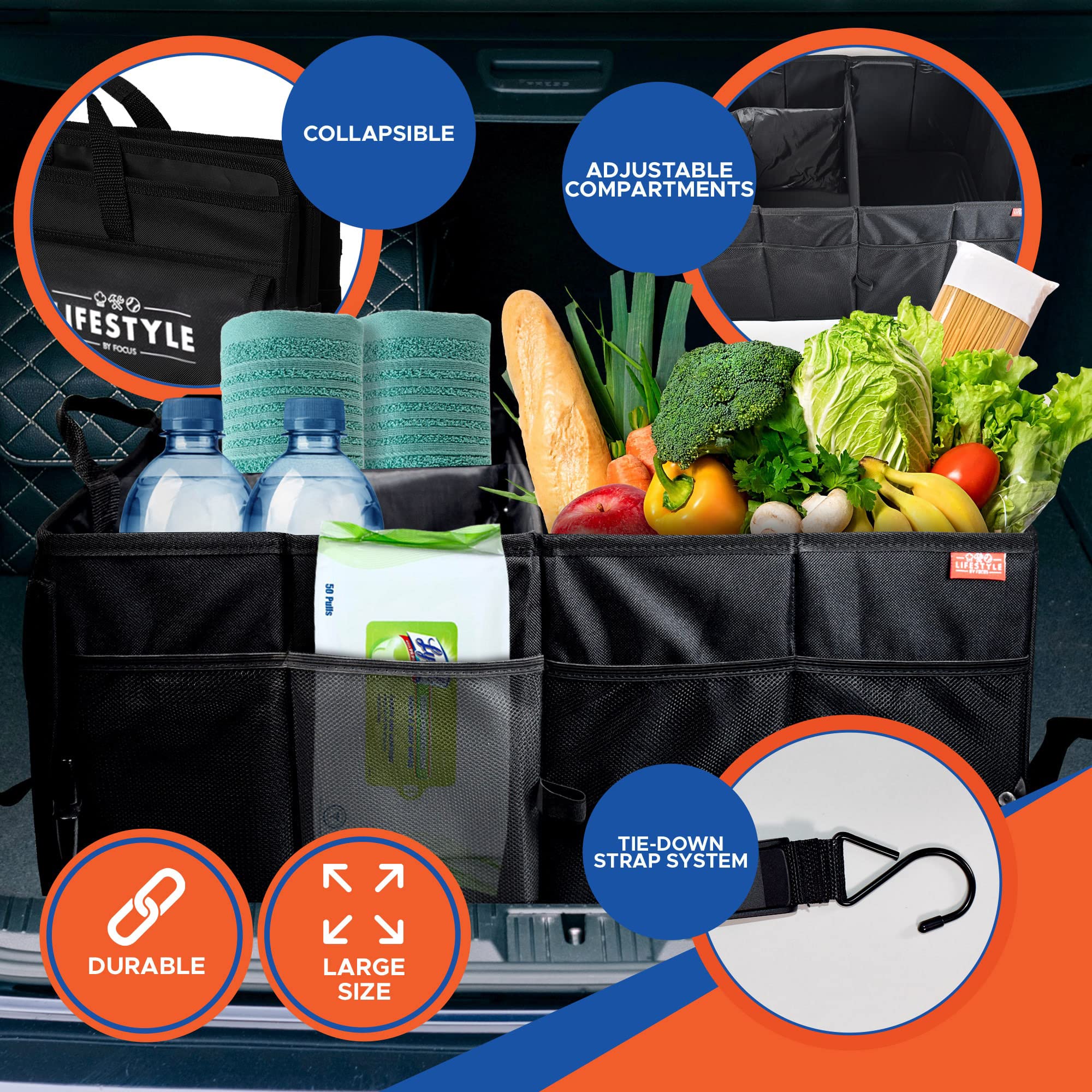 Premium Car Storage and Vacuum Cleaner Set - Large Trunk Organizer, Seat Back Organizer & 12V Portable Car Vacuum for Road Trips, Camping & Daily Commute