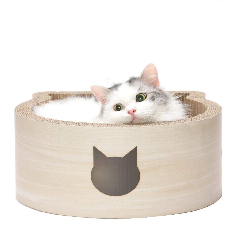 Necoichi Cat-Headed Scratcher Bed (Birch, Regular) - Reversible Cardboard Cat Scratching Board & Lounge Pad for Indoor Cats | Durable & Comfortable Cat Scratcher with Bowl Design - Perfect for Playtime, Napping & Stress Relief