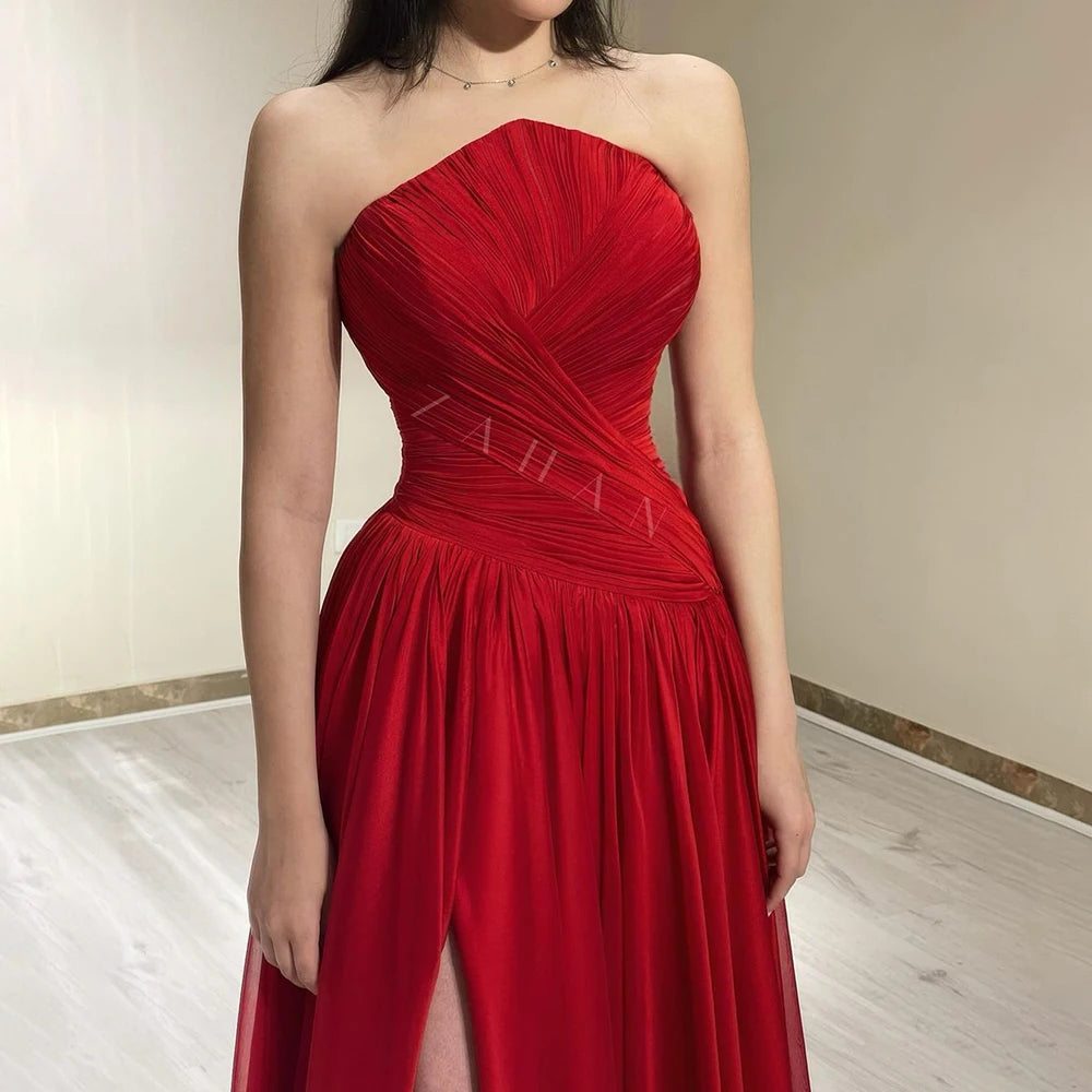 Elegant Red Chiffon Strapless Evening Dress with High Slit - Luxury Dubai Arabic Women's Wedding Prom Party Gown LA72537 | Perfect for Formal Events, Red Carpet & Special Occasions