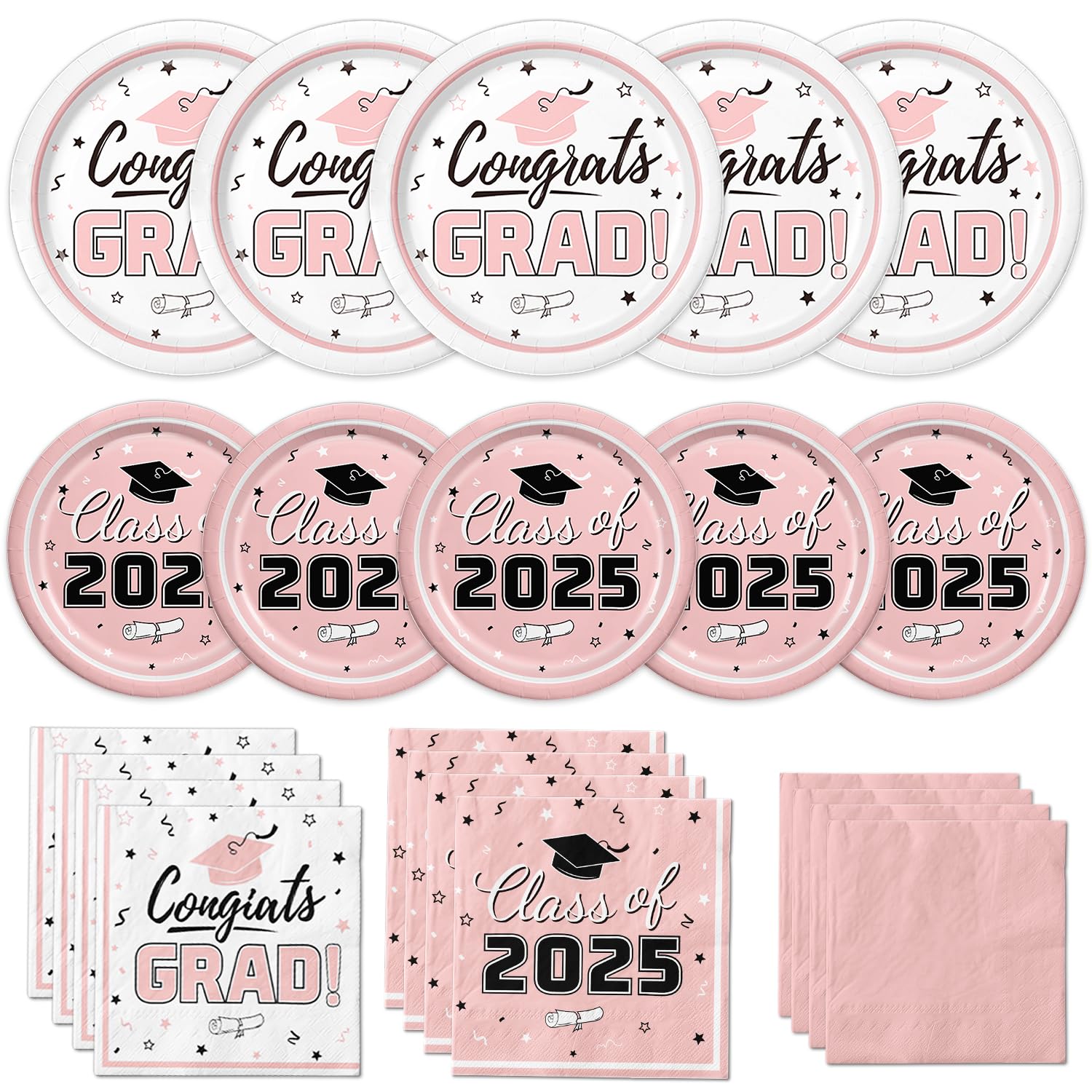 Class of 2025 Graduation Party Supplies Kit - 50-Piece Disposable Tableware Set with Pink Dinner Plates, Dessert Plates & Napkins - Perfect for Grad Party Decorations & Congratulations Celebrations | Great for High School & College Graduation Parties, Open Houses & Commencement Receptions