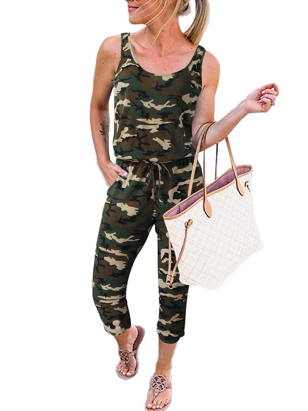 ANRABESS Women's Sleeveless Tank Jumpsuit - Casual Summer Romper with Drawstring Elastic Waist & Pockets | Loose Fit Outfit for Beach, Vacation, and Daily Wear