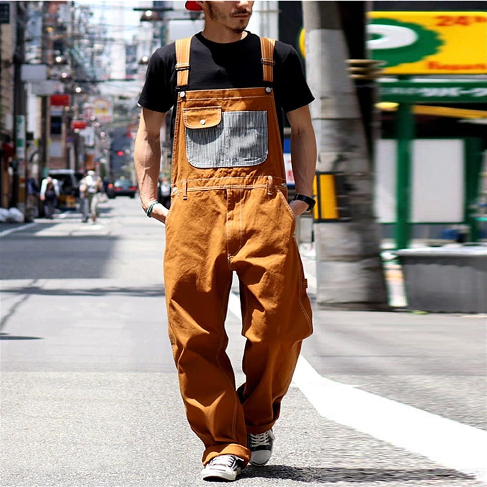2024 Men's Denim Bib Overalls - Relaxed Fit Workwear with Adjustable Straps & Tool Pockets - Durable Denim Jumpsuit for Farming, Construction & Outdoor Work (Orange, XL)