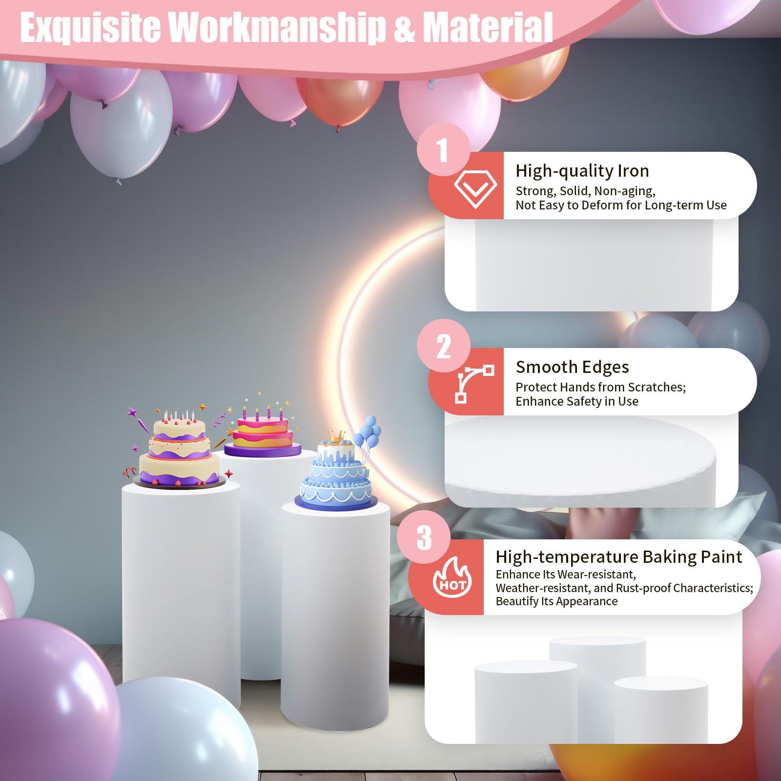 3Pcs White Cylindrical Display Stands for Cake, Flowers & Decor - Wedding, Party & Event Pedestal Stands - Perfect for Dessert Tables, Centerpieces & Home Decor
