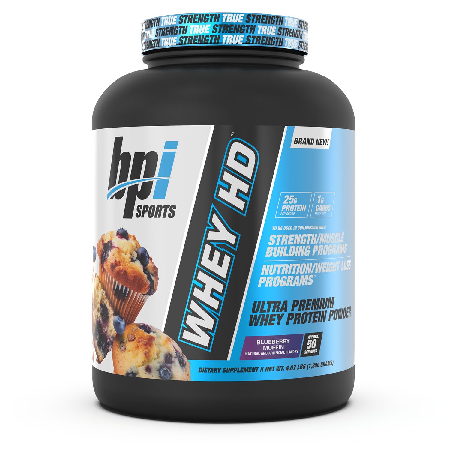 BPI Sports Whey HD Ultra Premium Protein Powder - Blueberry Muffin Flavor, 4.07 Pound (1.85 kg) for Muscle Recovery & Post-Workout Nutrition | Gym Supplements & Healthy Lifestyle