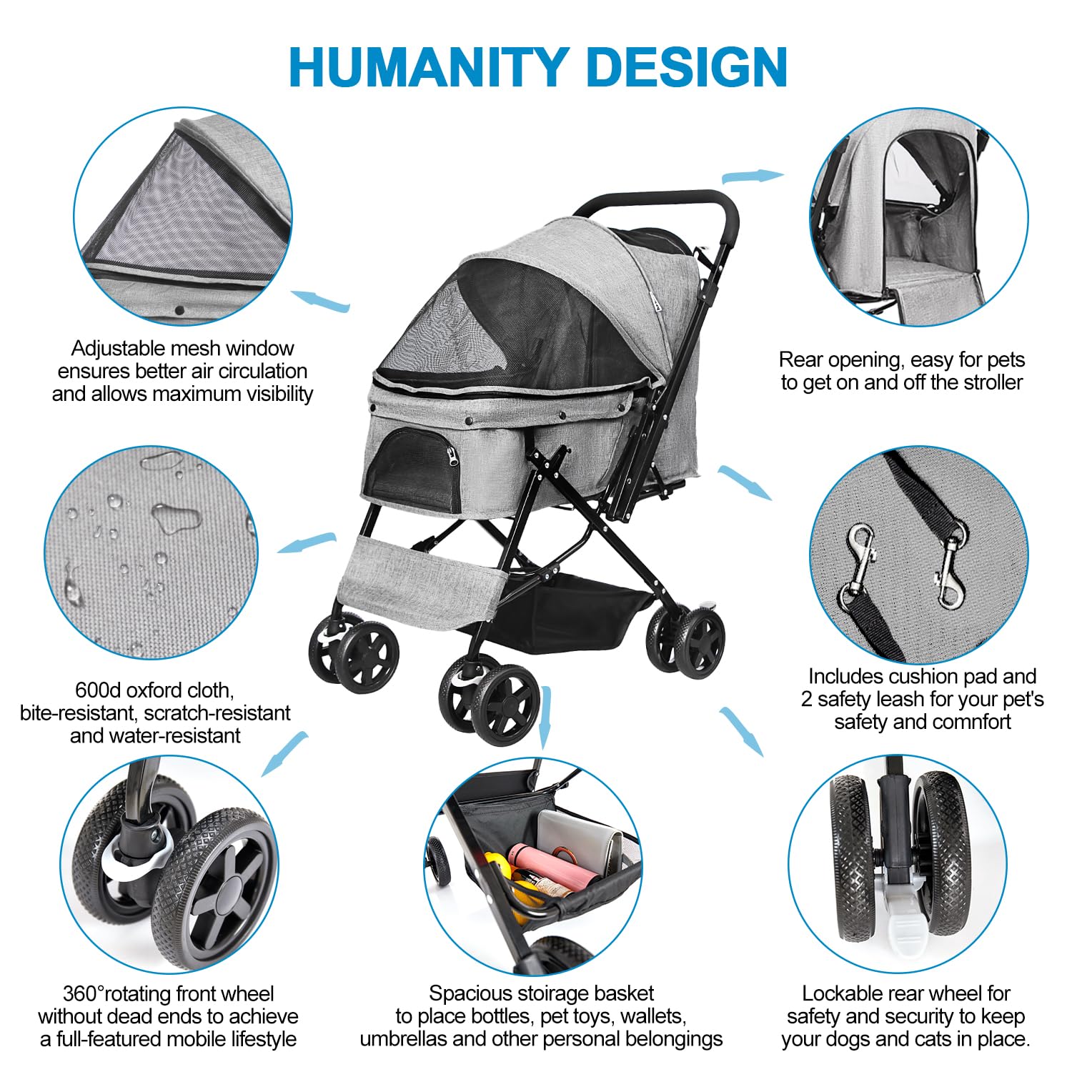 Premium Foldable Dog Stroller for Large & Medium Dogs & Cats - Reversible Handle, Spacious Storage Basket - Ideal for Travel, Walks & Vet Visits (Gray)