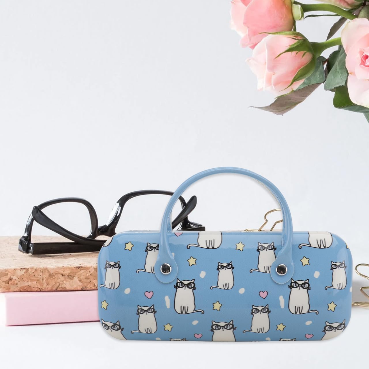 Holibanna Cartoon Hard Eyeglass Case for Kids & Women - Portable Leather Glasses Box with Handle, Cute Makeup Storage & Eyewear Pouch (Light Blue) - Perfect for School, Travel, and Daily Use