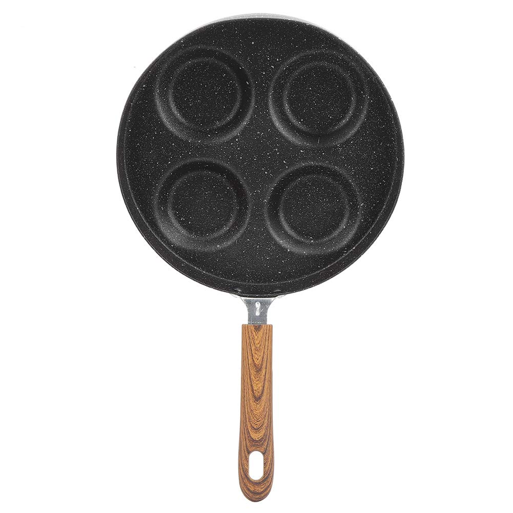 Non-Stick 4-Hole Frying Pan with Wooden Handle - Perfect for Breakfast Eggs, Pancakes & Sandwiches | Durable Kitchen Utensil for Home Cooking & Camping