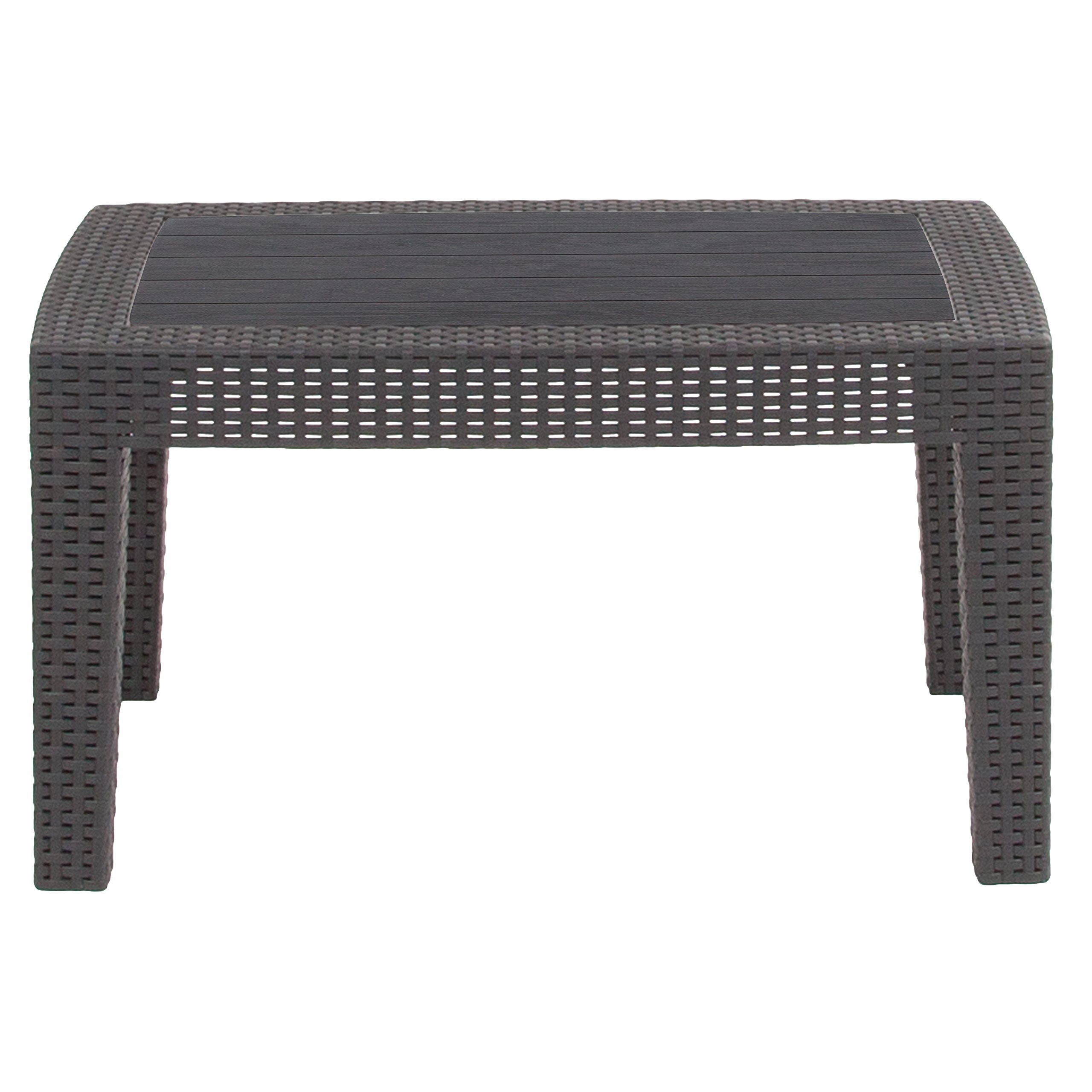**Merrick Lane Malmok Outdoor Coffee Table - Dark Gray Faux Rattan Wicker with Wood Plank Top - All-Weather Patio Furniture for Garden, Poolside & Backyard Decor**