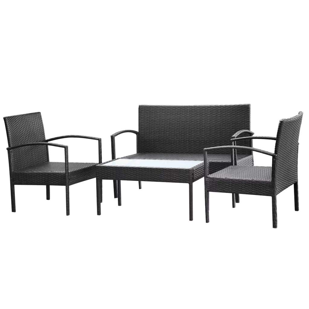 4-Piece Black Poly Rattan Outdoor Bar Set with Cushions & Glass Table - Patio Furniture for Backyards, Porches, Gardens & Poolside Relaxation