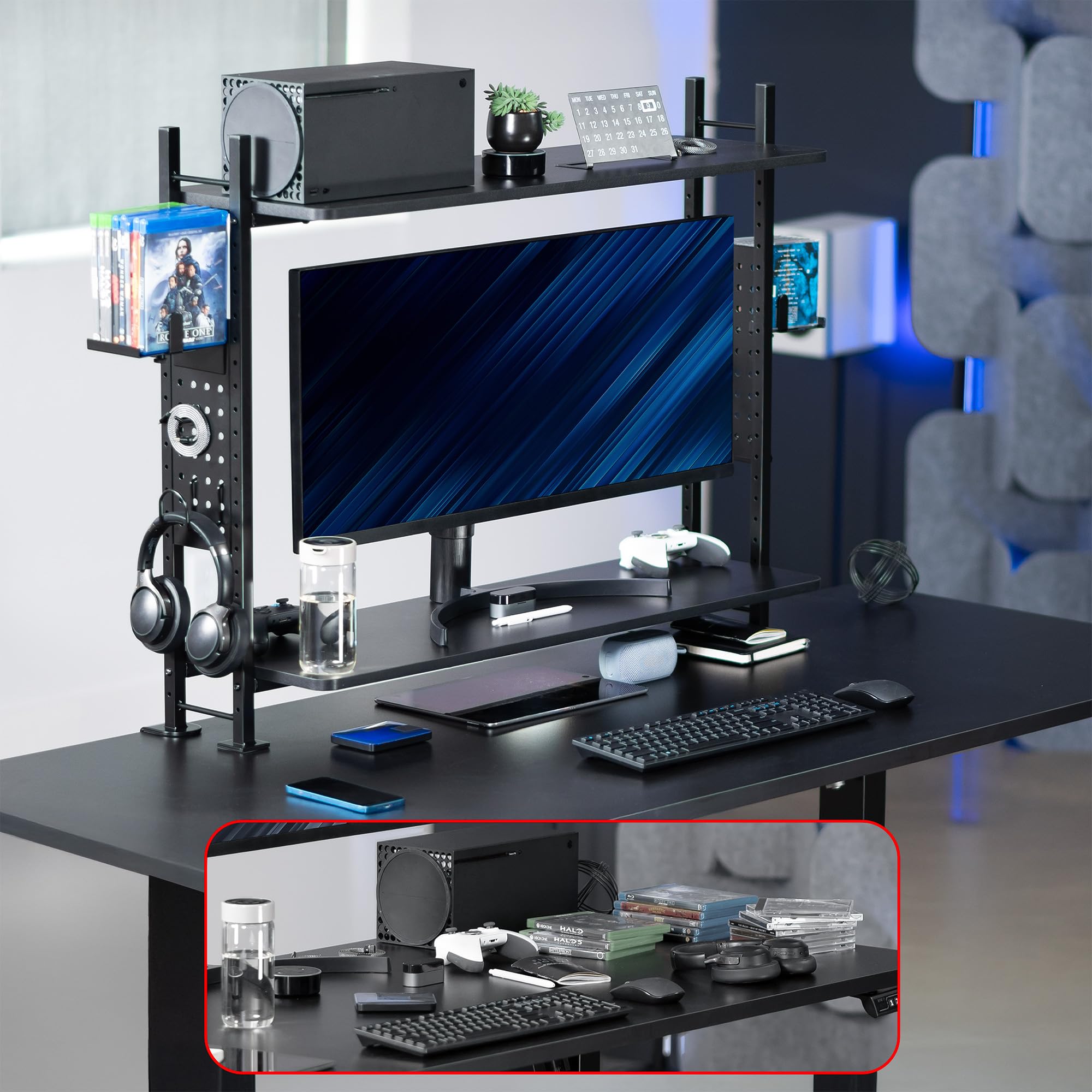 VIVO 40 Inch Black Clamp-on 2-Tier Desk Shelf with Pegboard - Organizer for Table Accessories, Gaming Devices, Office Supplies - Perfect for Home Office, Gaming Setup & Workspace Organization