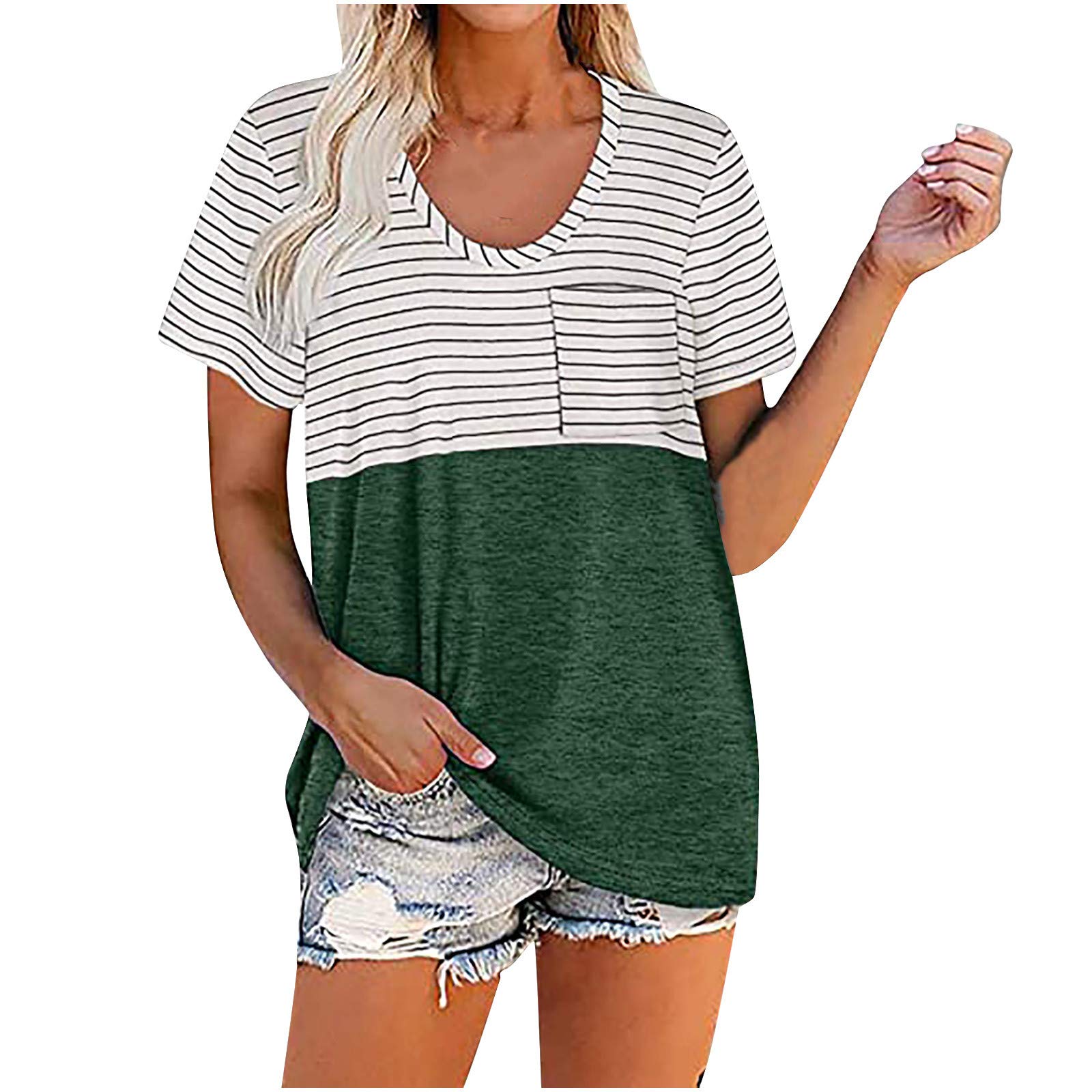 Women's Summer Short Sleeve T-Shirt - Color Block Crewneck Loose Fit Tunic Top with Pocket | Casual Wear, Beach Outfit, Everyday Comfort