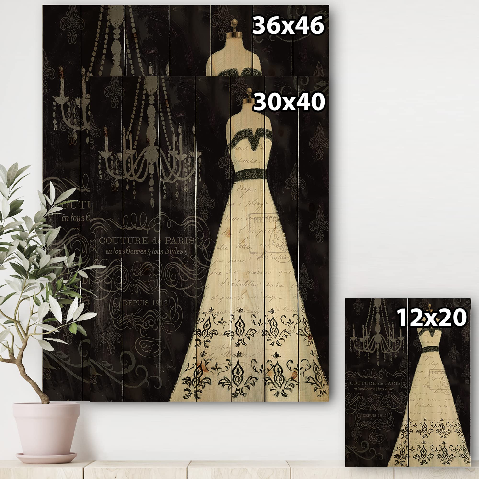DesignQ French Couture II Traditional Wood Wall Decor - Black Wood Wall Art - Large Fashion Wood Panels Printed on Natural Pine - Perfect for Living Room, Bedroom & Office Décor