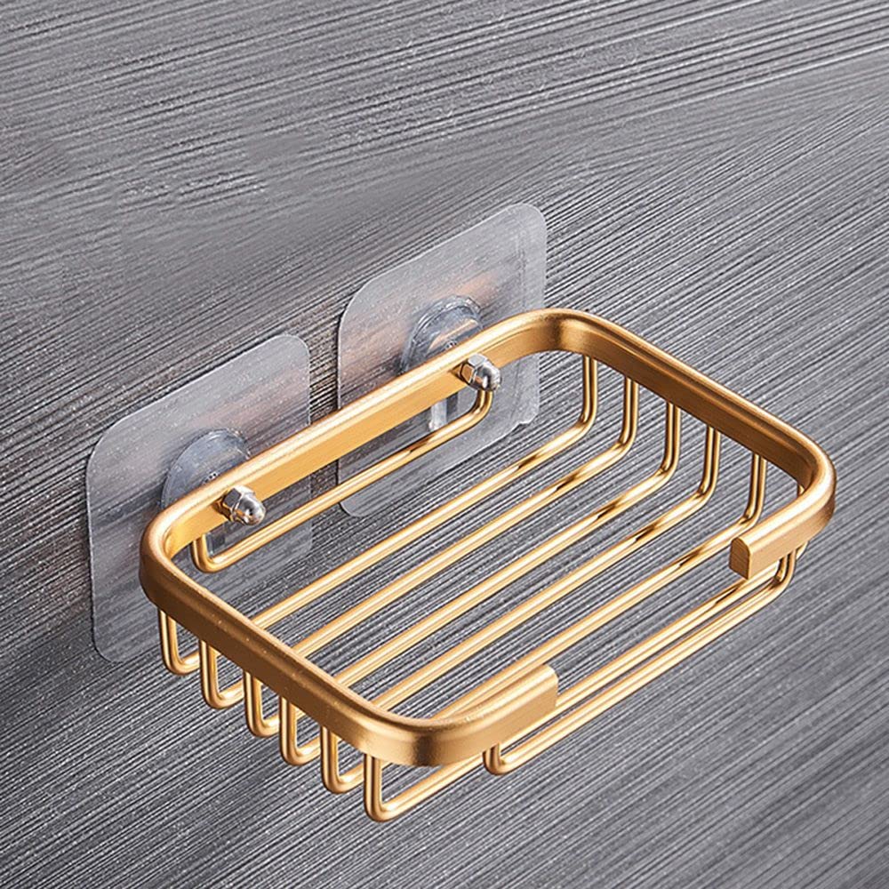No-Drill Adhesive Soap Dish Holder - Wall Mounted Bathroom Soap Tray with Drainage, Gold Shower Organizer for Shampoo, Razor & Sponge Storage - Perfect for Small Spaces & RV Bathrooms