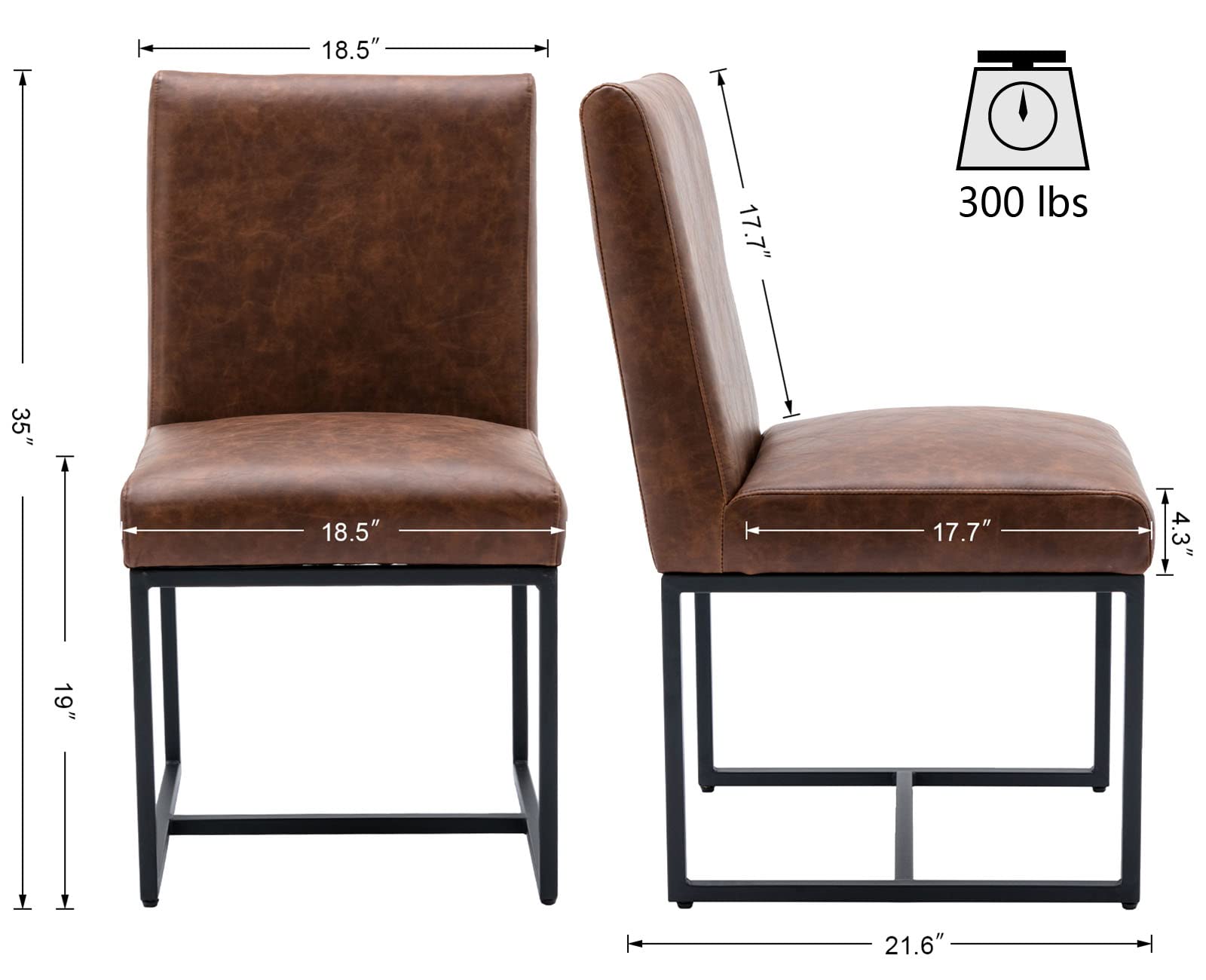 VESCASA Mid Century Modern Faux Leather Dining Chairs - Set of 2 Brown Upholstered Kitchen Chairs with Black Metal Frame & Adjustable Foot Pads | Perfect for Restaurant, Home Dining Room & Office Conference Table Setting