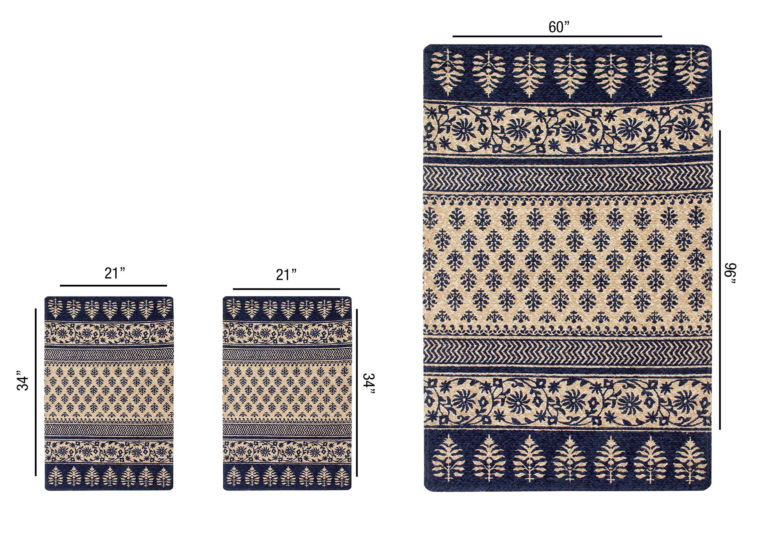 Better Trends Majestic Handwoven 3-Piece Indoor/Outdoor Reversible Area Rug Set - 100% Natural Jute Fiber, Durable, Mildew & Moisture Resistant - Navy Blue - Perfect for Living Room, Bedroom, or Patio Decor