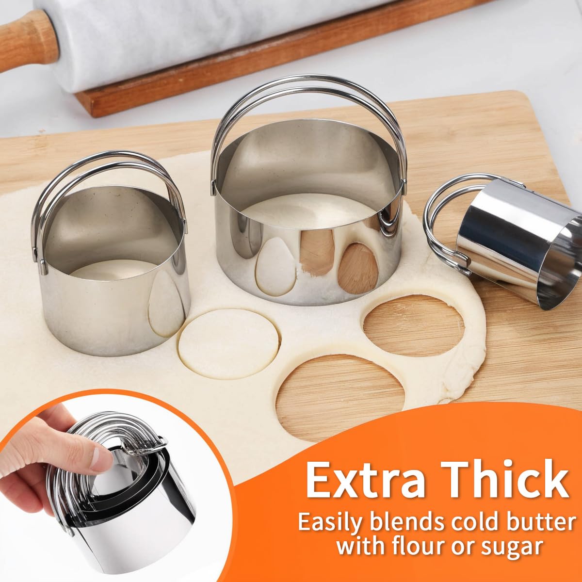 Professional Stainless Steel Pastry Scraper, Dough Blender & Biscuit Cutter Set (3-Piece) - Heavy Duty Baking Tools with Ergonomic Rubber Grip for Cookies, Pies & Bread Making - Perfect Gift for Bakers & Home Chefs