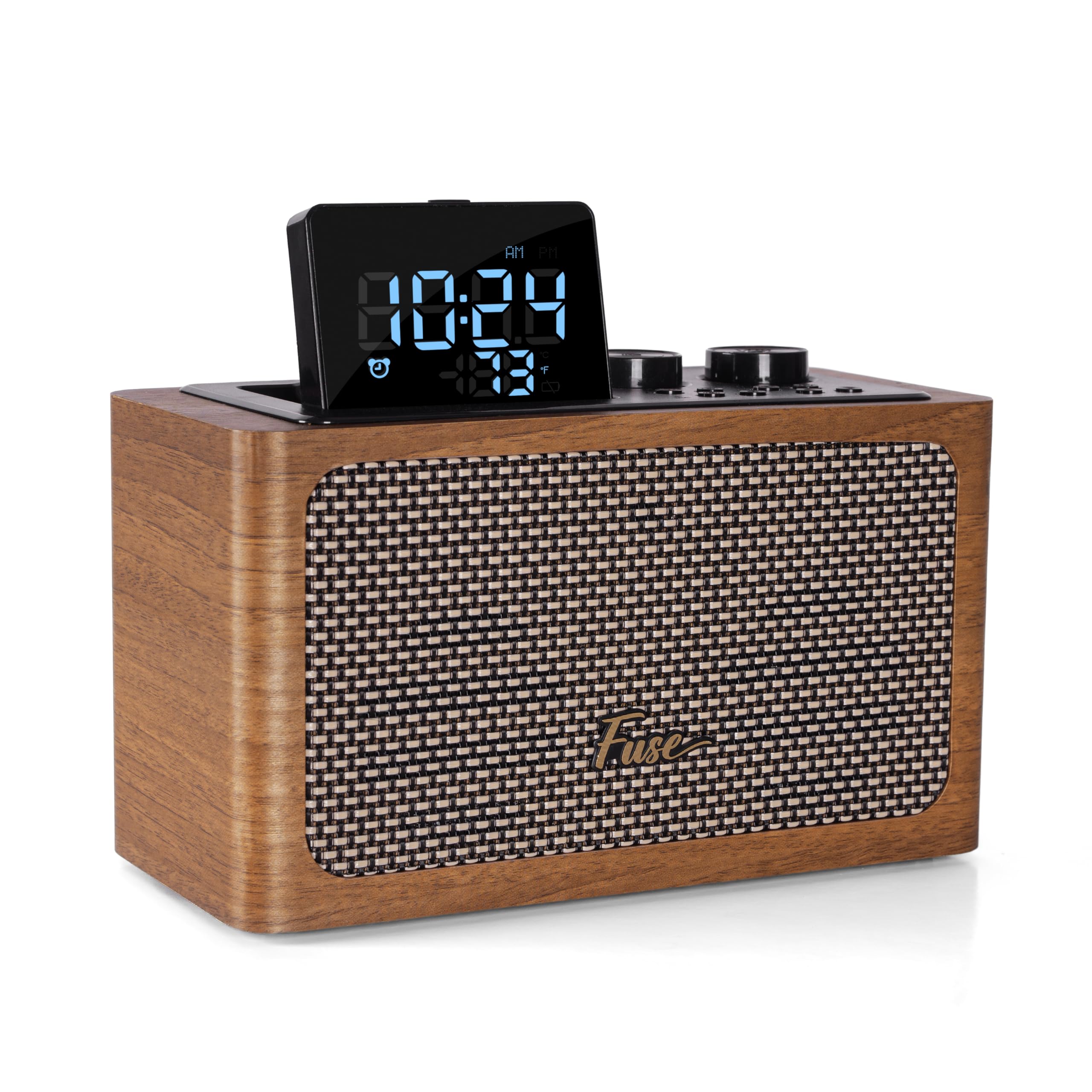 Vintage Alarm Clock Radio with Bluetooth Speaker, FM Radio, Built-in Mic & Adjustable LCD Screen - Mid Century Modern Design for Bedroom, Office & Home Decor