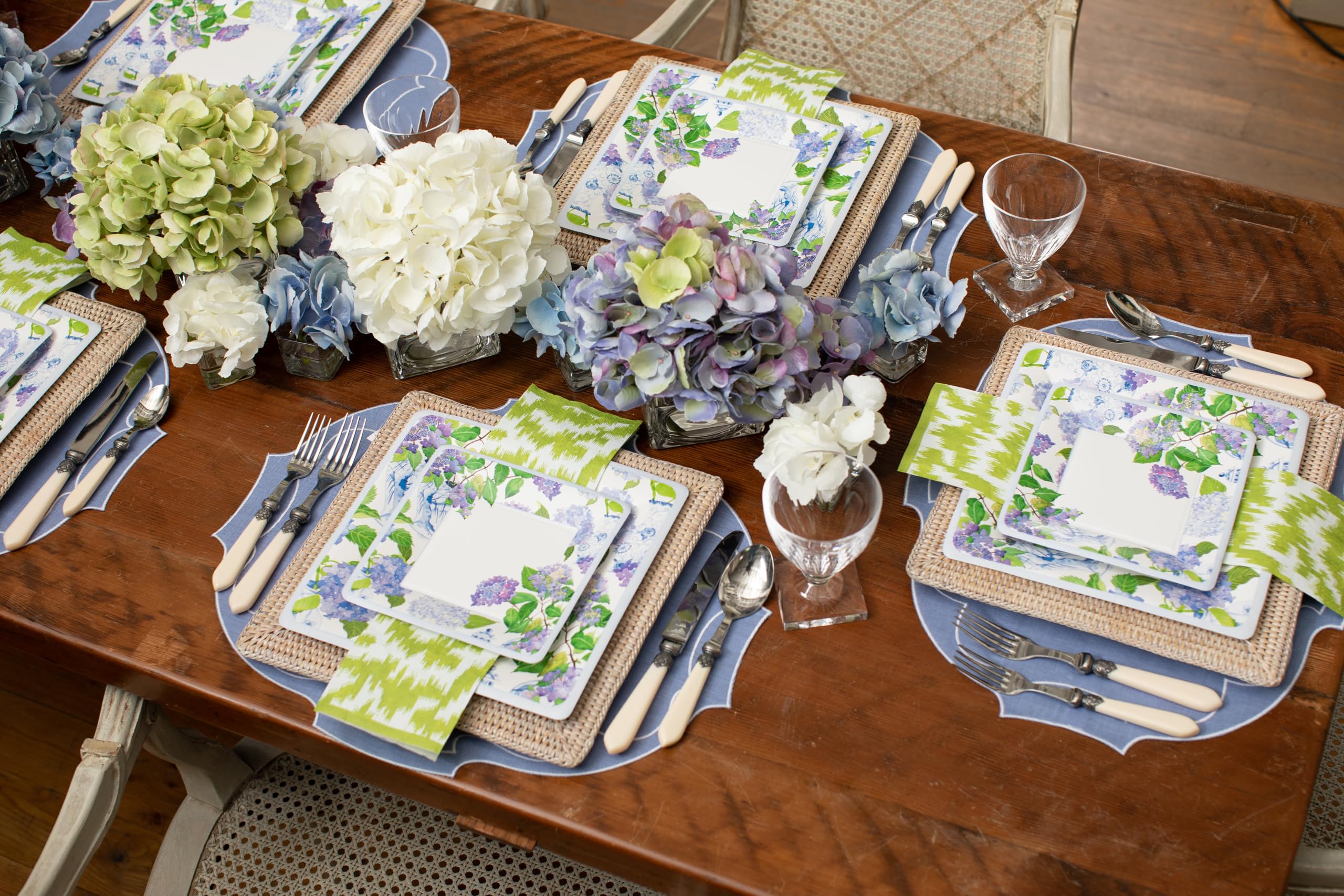 Caspari Hydrangeas & Porcelain Square Paper Dinner Plates - Set of 8 | Elegant Disposable Plates for Parties, Weddings & Special Occasions