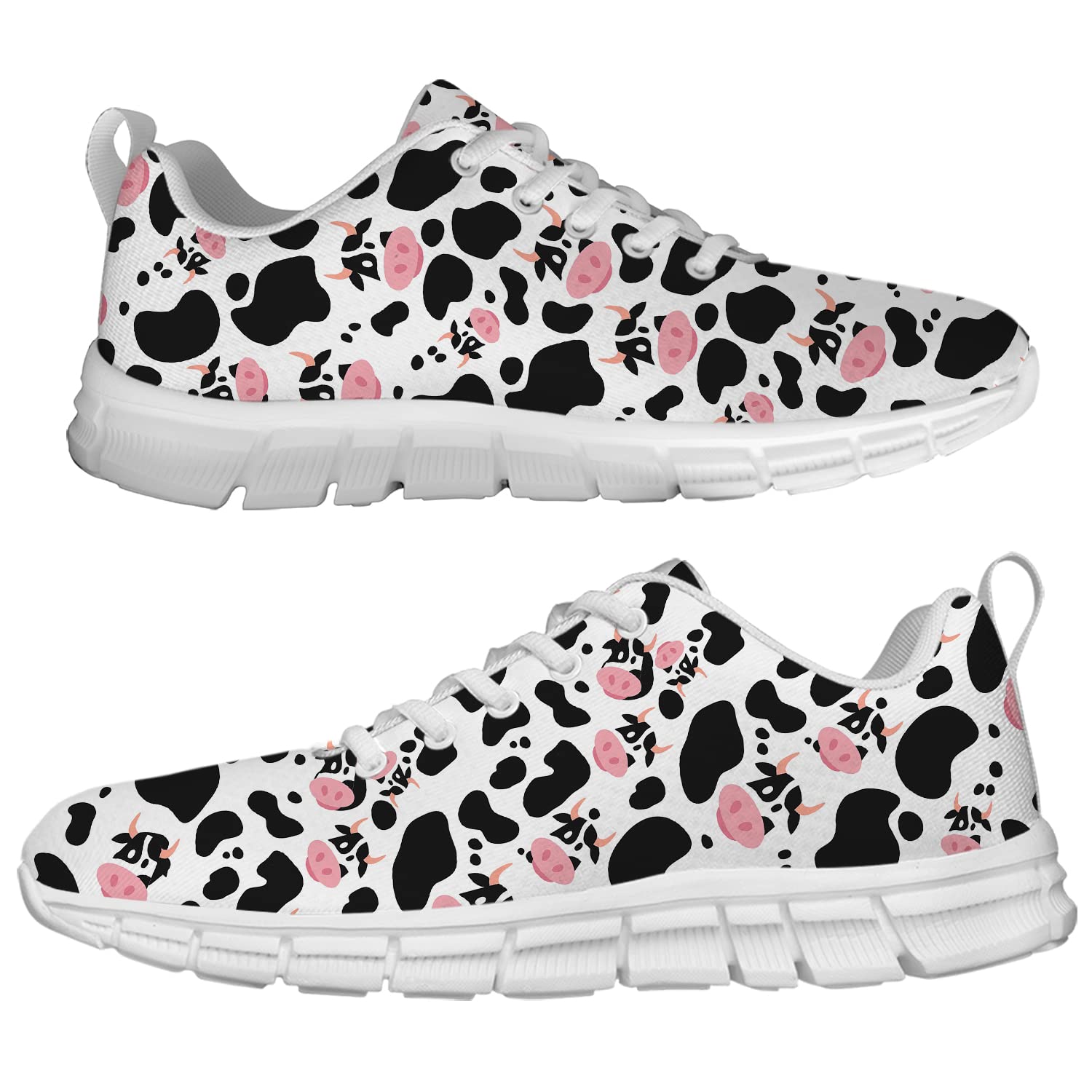 Cow Print Running Shoes for Men & Women - White & Black Cow Face Pattern Sneakers for Tennis, Walking, Gym & Casual Wear - Gifts for Ladies & Men (Men's Size 4, Women's Size 6)