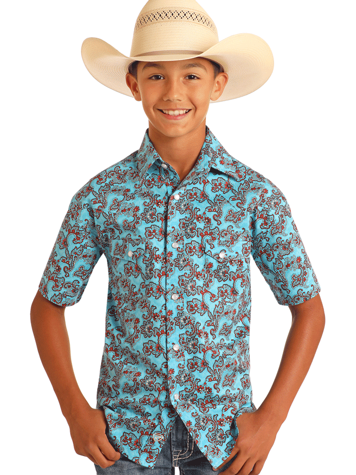 Rock & Roll Denim Kids Short Sleeve Paisley Print Western Shirt - Blue BBN3S05865 | Stylish Western Wear for Boys & Girls | Perfect for Concerts, Parties & Cowboy Themed Events