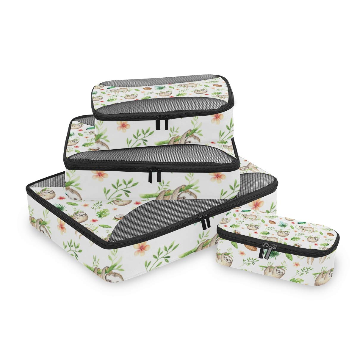 4-Piece Sloth & Tropical Leaves Travel Packing Cube Set - Luggage Organizer for Suitcase, Storage Bags for Baby Animals Lovers - Perfect for Travel, Business Trips, Camping & Hiking Accessories